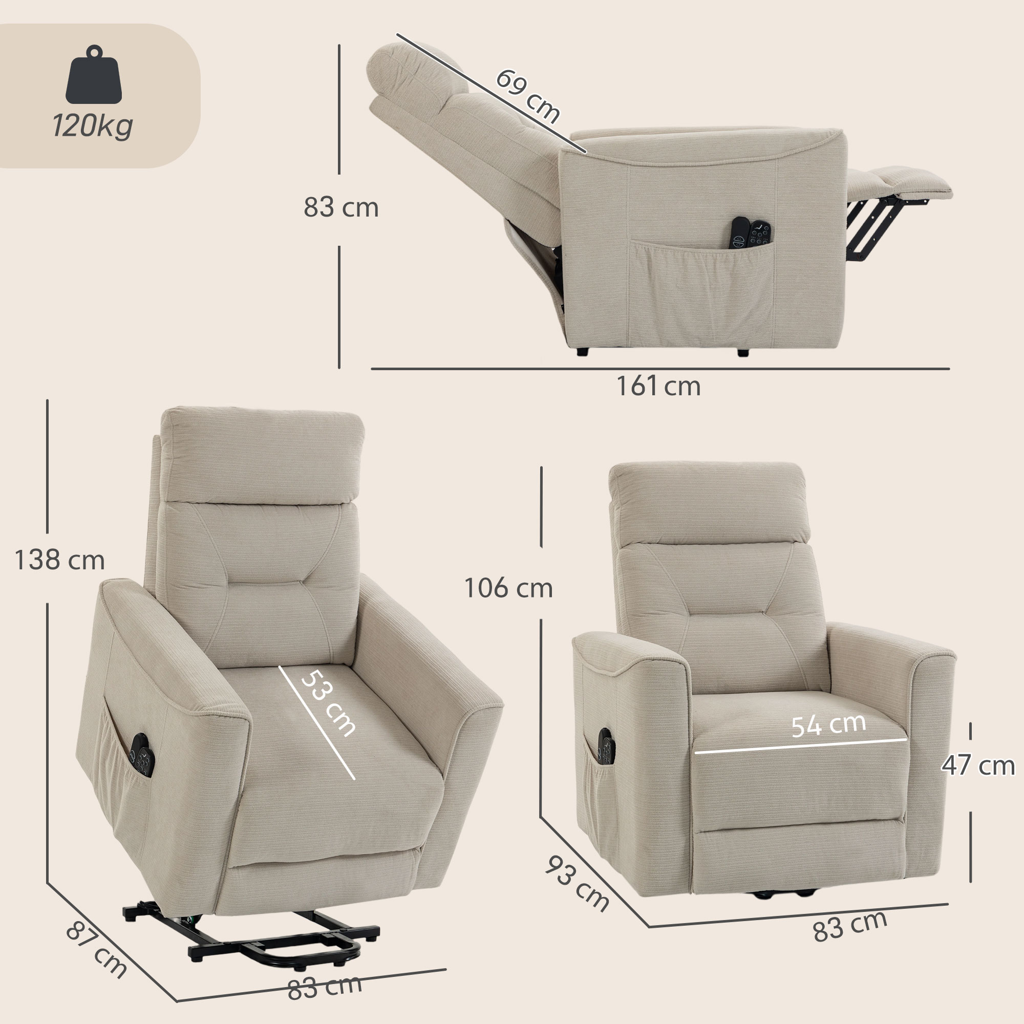 Relaxsessel mit elektrischer Aufstehhilfe, Massage & Wärme, Chenille-Sessel mit Federkern, Greige