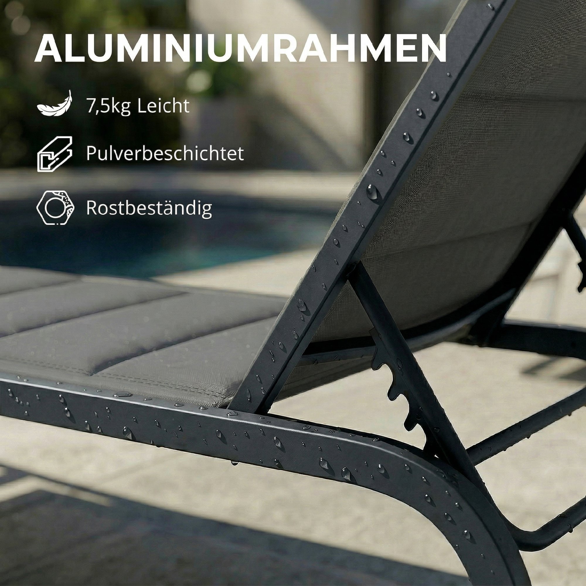 Sonnenliege Atmungsaktive Gartenliege mit 6-fach Verstellbar Rückenlehne Rädern Aluminiumrahmen Dunkelgrau