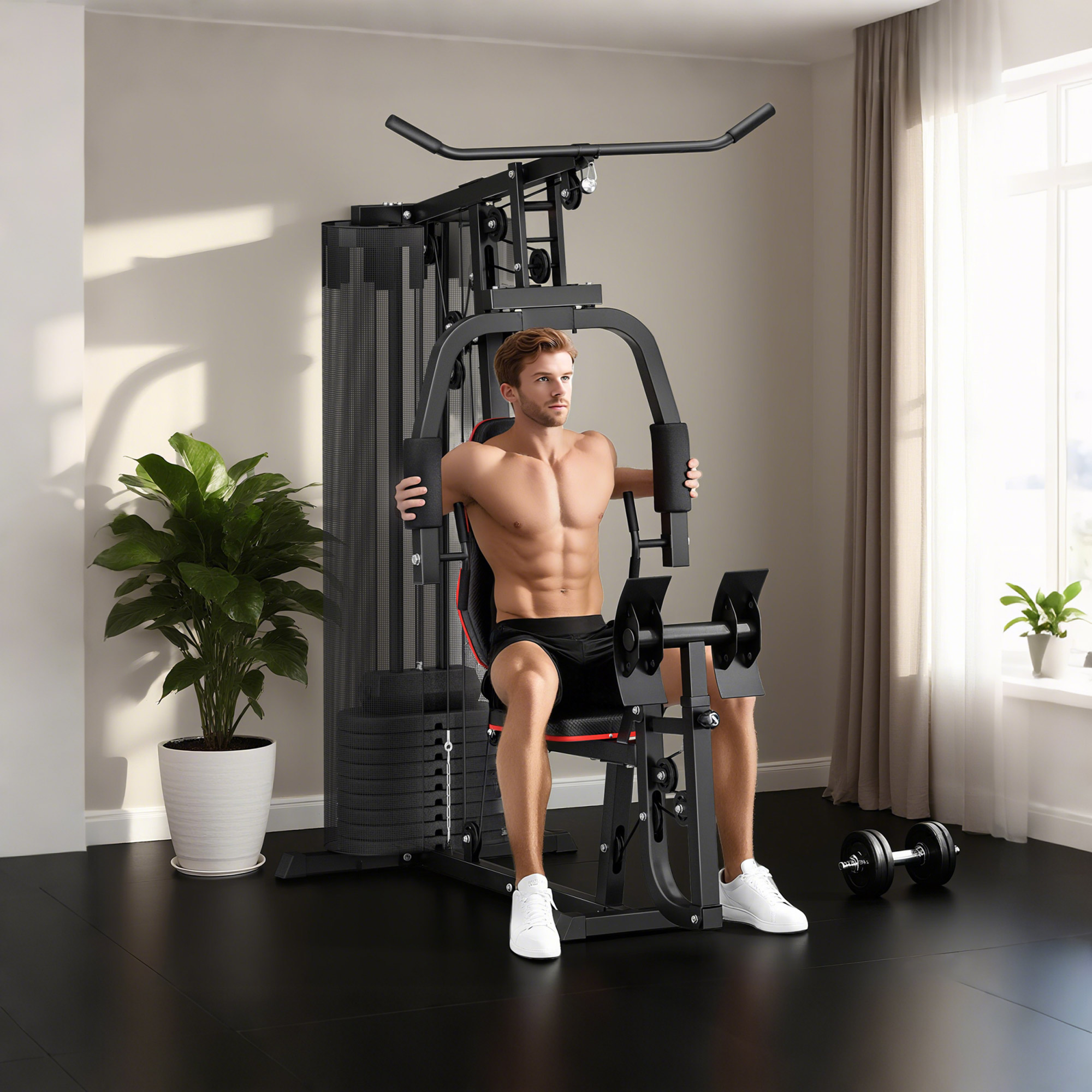 Heim-Fitnessstation mit 45 kg Gewichtsblöcken, Hochseilzug, Bruststation, Beinpresse für vielseitiges Training