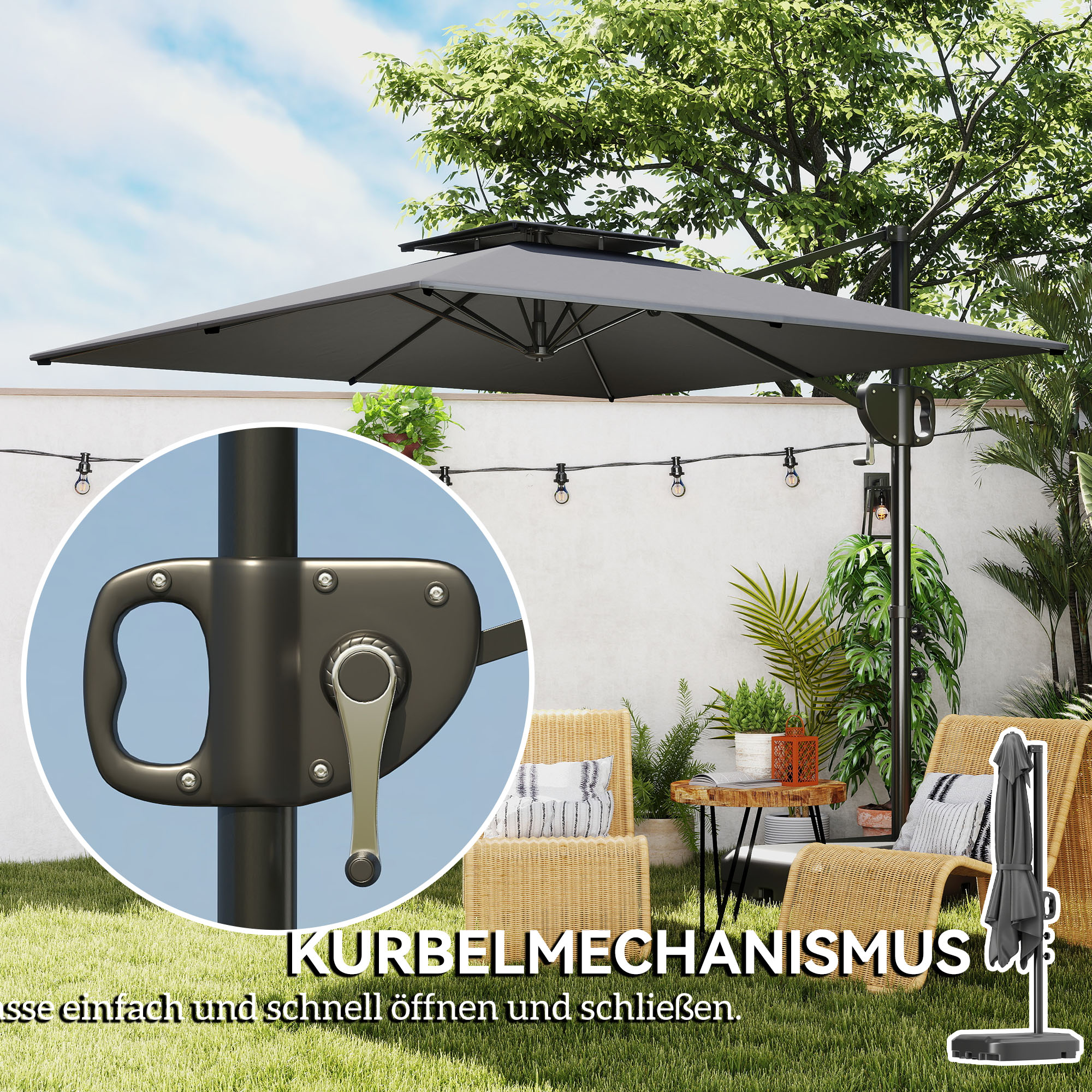 Ampelschirm 247 x 247cm neigbar Sonnenschirm mit Doppeldach Kurbel Ständer Wasserabweisend Dunkelgrau