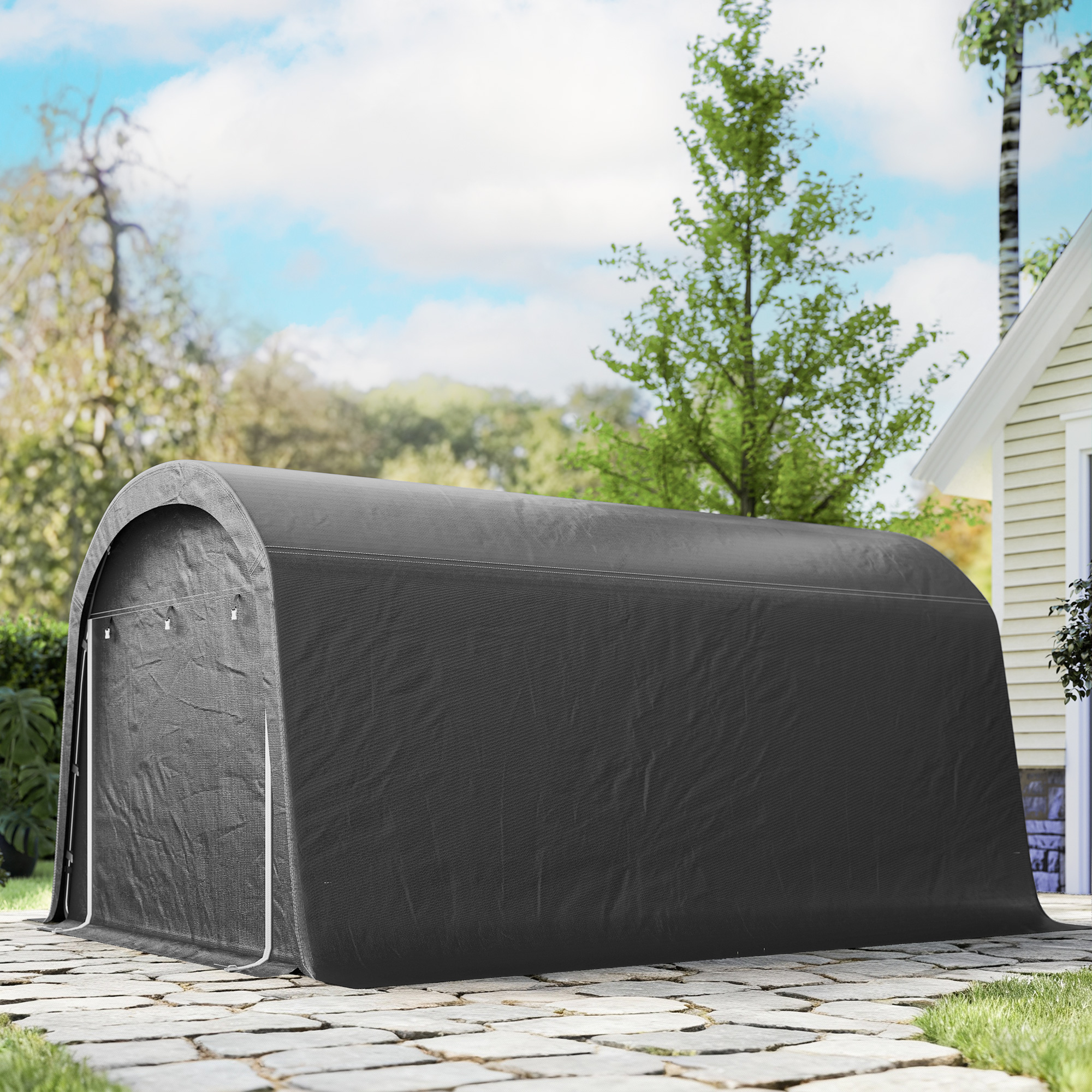 Gartenschuppen mit Kunststoff-Plane, Werkzeugzelt, aufstellbare Garage, 300B x 450T x 230H cm, Dunkelgrau