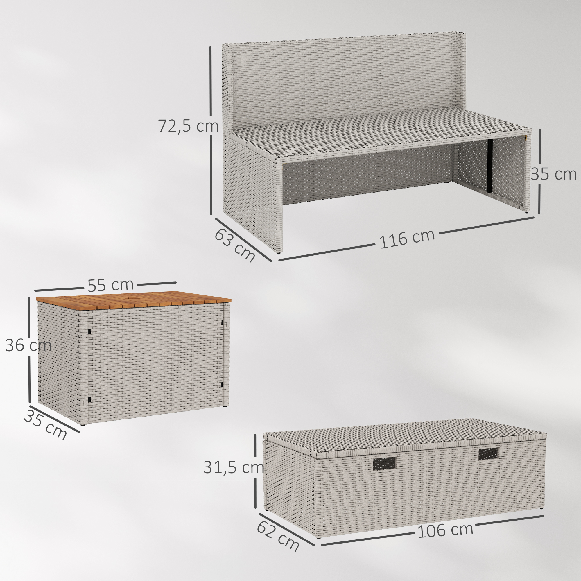Polyrattan Sonnenliege für 2 Personen Doppelliege mit Fußhocker Stauraum Auflagen 125x114x72,5 cm Grau