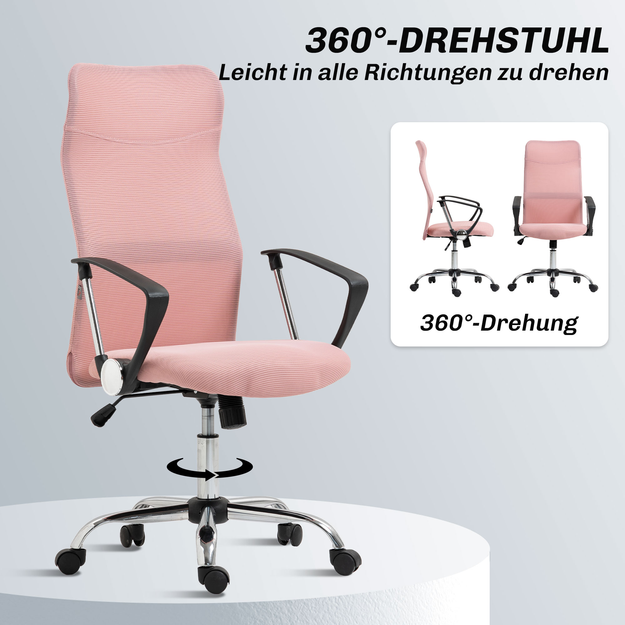 ergonomischer Bürostuhl, höhenverstellbarer Drehstuhl mit Wippfunktion, Netzbespannung, 63 x 65 x 109-119 cm Rosa