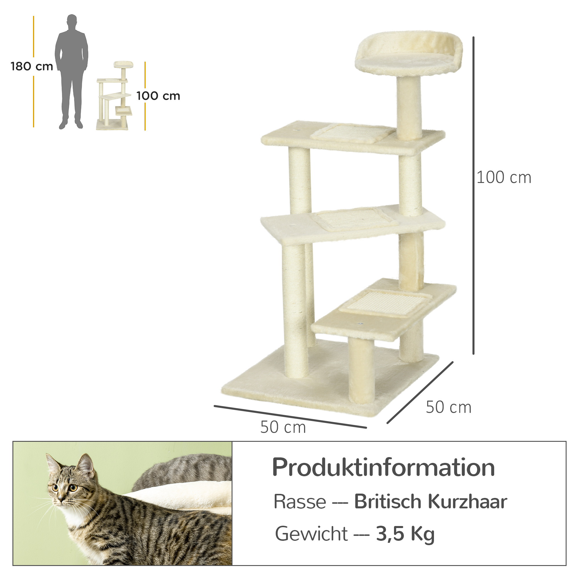 Kratzbaum 100 cm Katzenturm mit Sisalstämme, große Plattform, mehrstöckiger Katzenkratzbaum, Kletterbaum, für kleine & mittelgroße Katzen, Beige