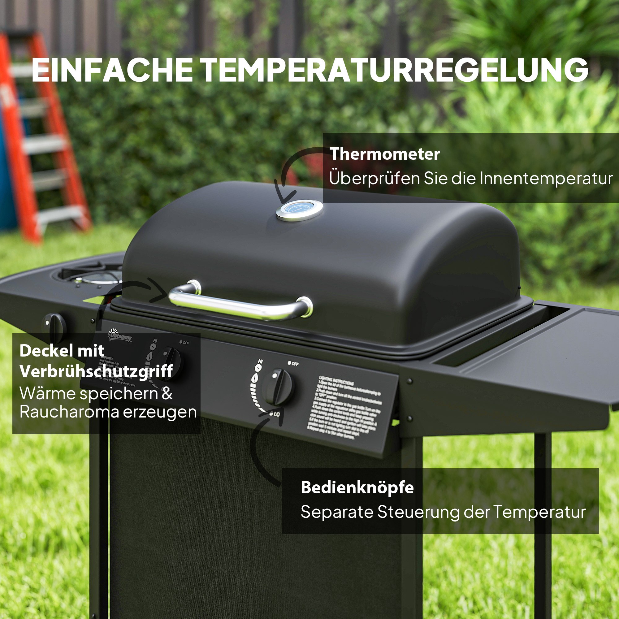 Gasgrill 7 KW Grillwagen inkl 3 Brenner Seitenkocher Rolle Deckel 107 x 54 x 96 cm Schwarz