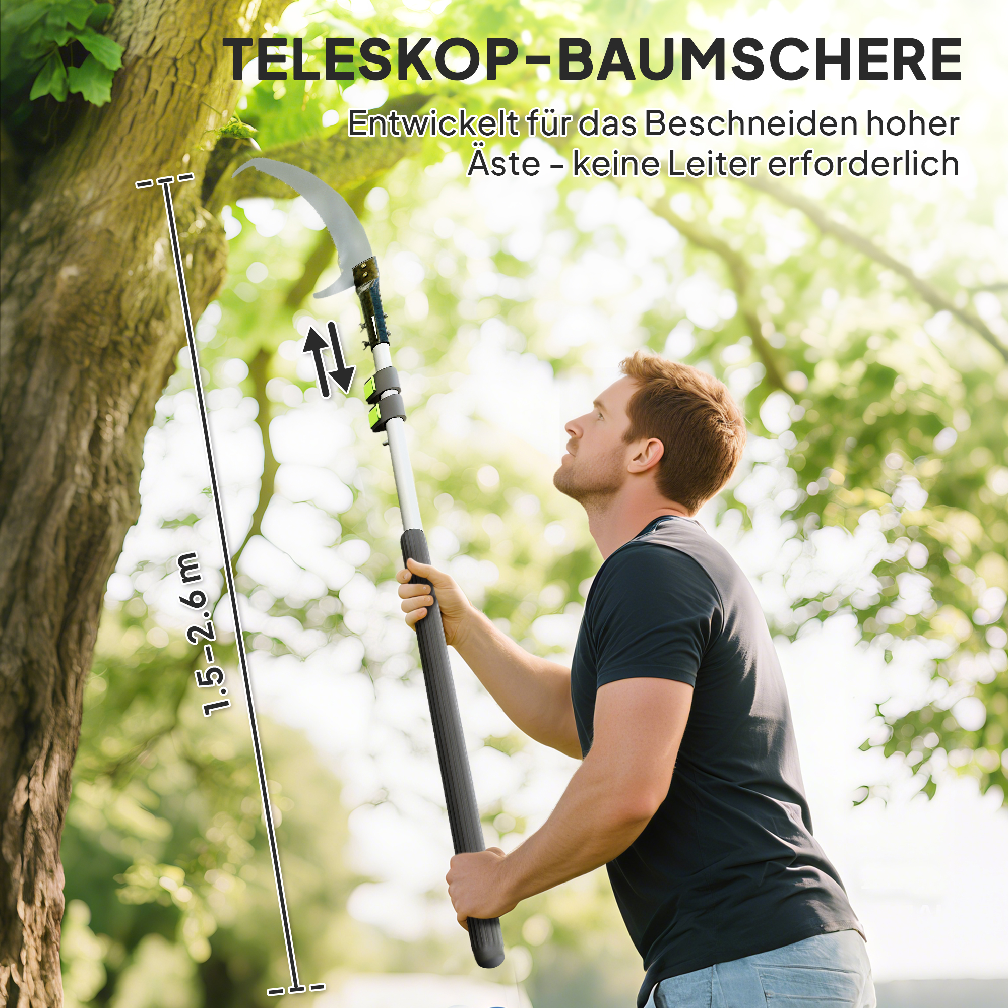 Teleskop Astsäge 1,5-2,6m Baumschere mit Feststellvorrichtung, Teleskop-Griff Antihaftbeschichtet Klinge Schwarz