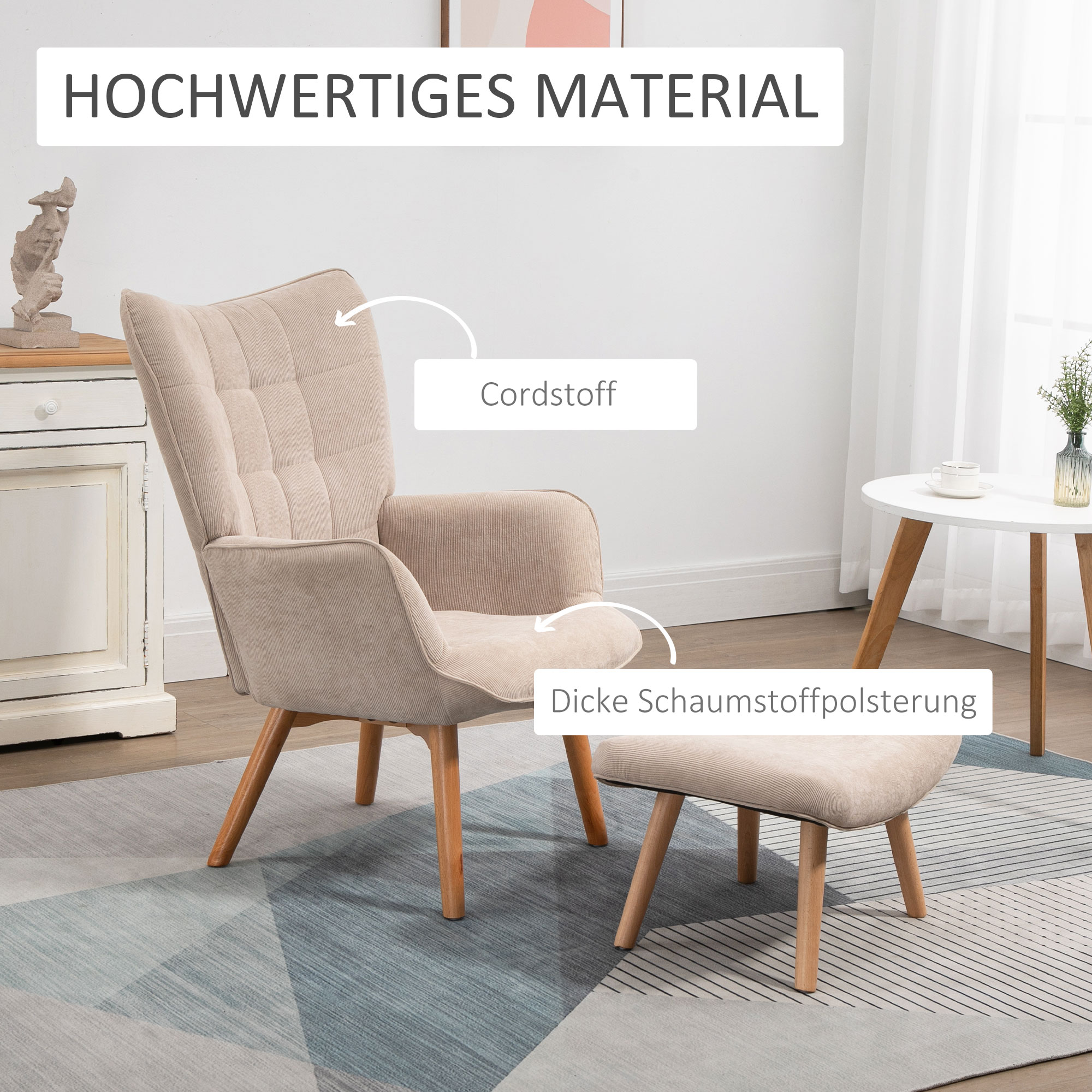 Akzentsessel mit Hocker, Relaxsessel in Cord-Optik, Armlehnstuhl mit Holzbeinen, für Wohnzimmer, Beige