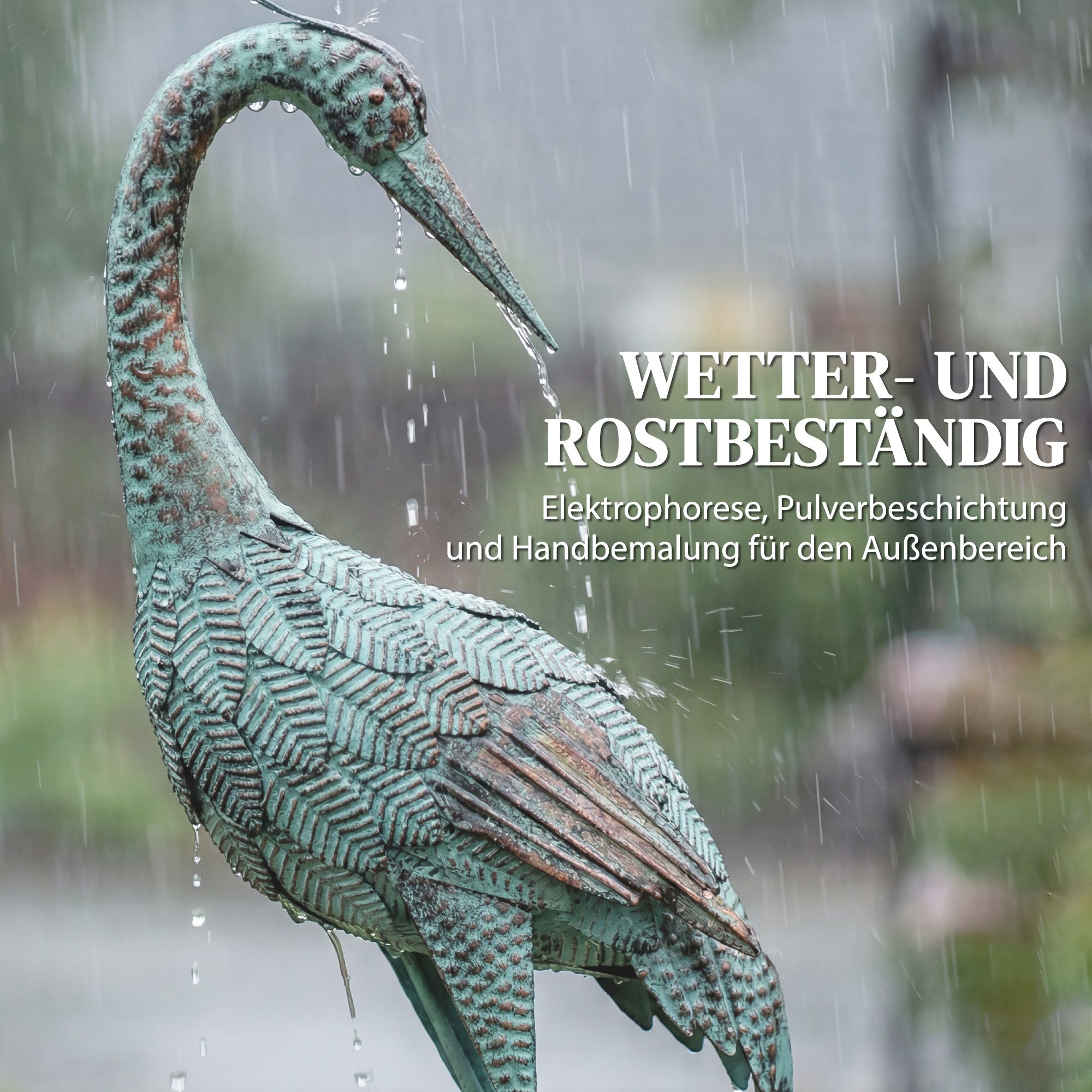 Reiher-Gartenstatue Metall-Vogel Outdoor-Statue 88 cm stehende Skulptur mit Bodenankern Grün und Bronze
