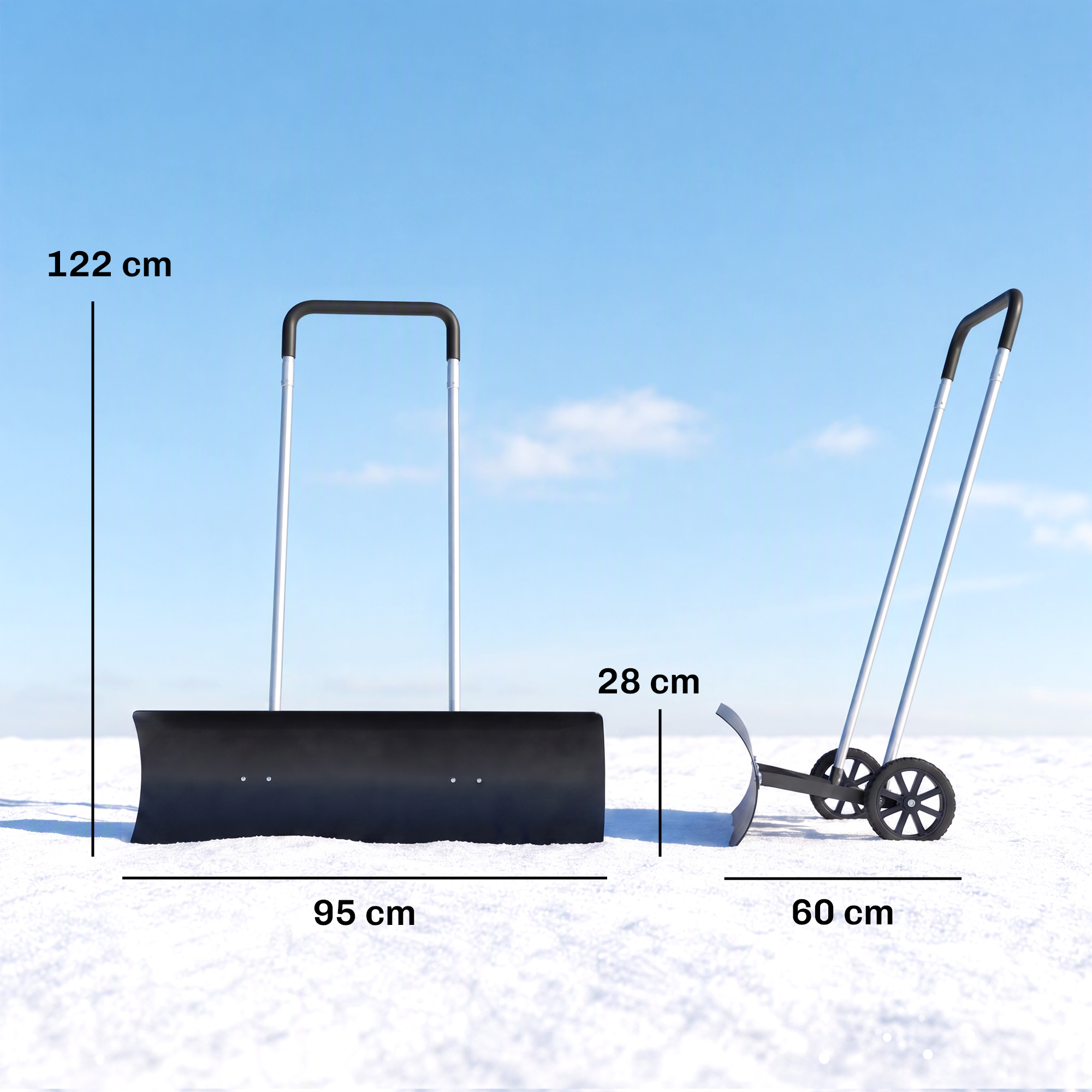 Schneeschieber groß 95 cm extra breit Aluminium Schneeschaufel mit Rädern verstellbar & rutschfest Griff, angewinkelt