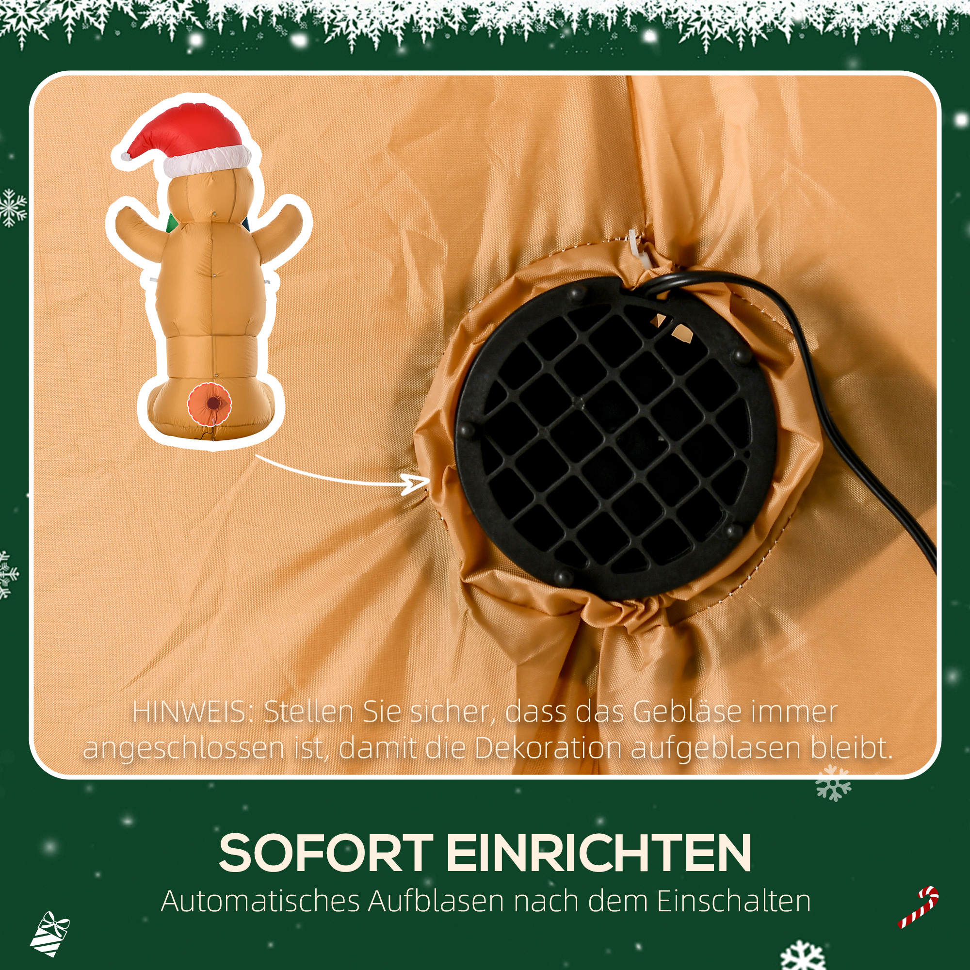 Aufblasbare Weihnachtsdeko 1,83 m Lebkuchenmann mit Schleife, 3 LEDs, internes Gebläse Gartendeko