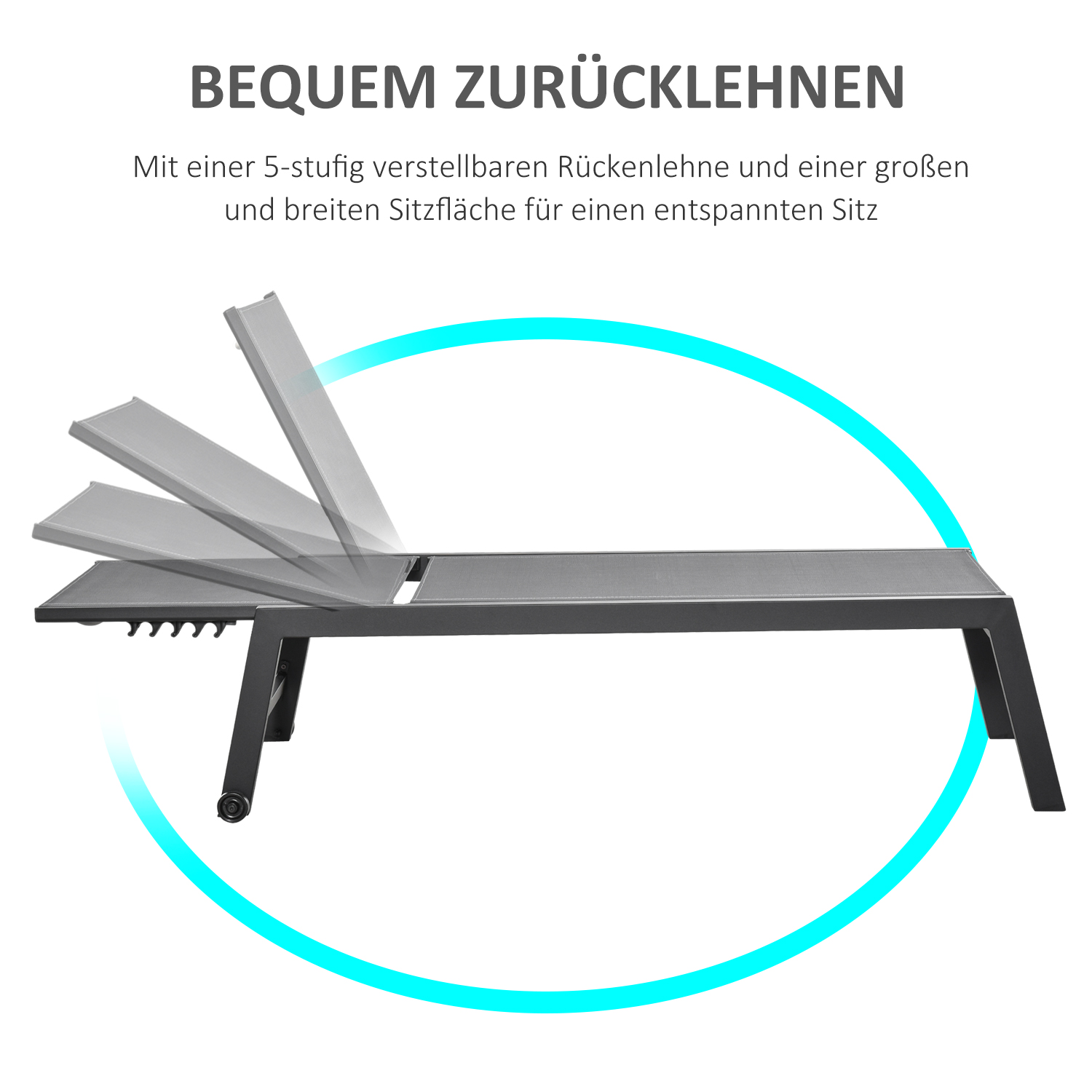 Sonnenliege, Gartenliege, 5-stufige Rückenlehne, Aluminium, Grau, 202 x 65 x 43 cm