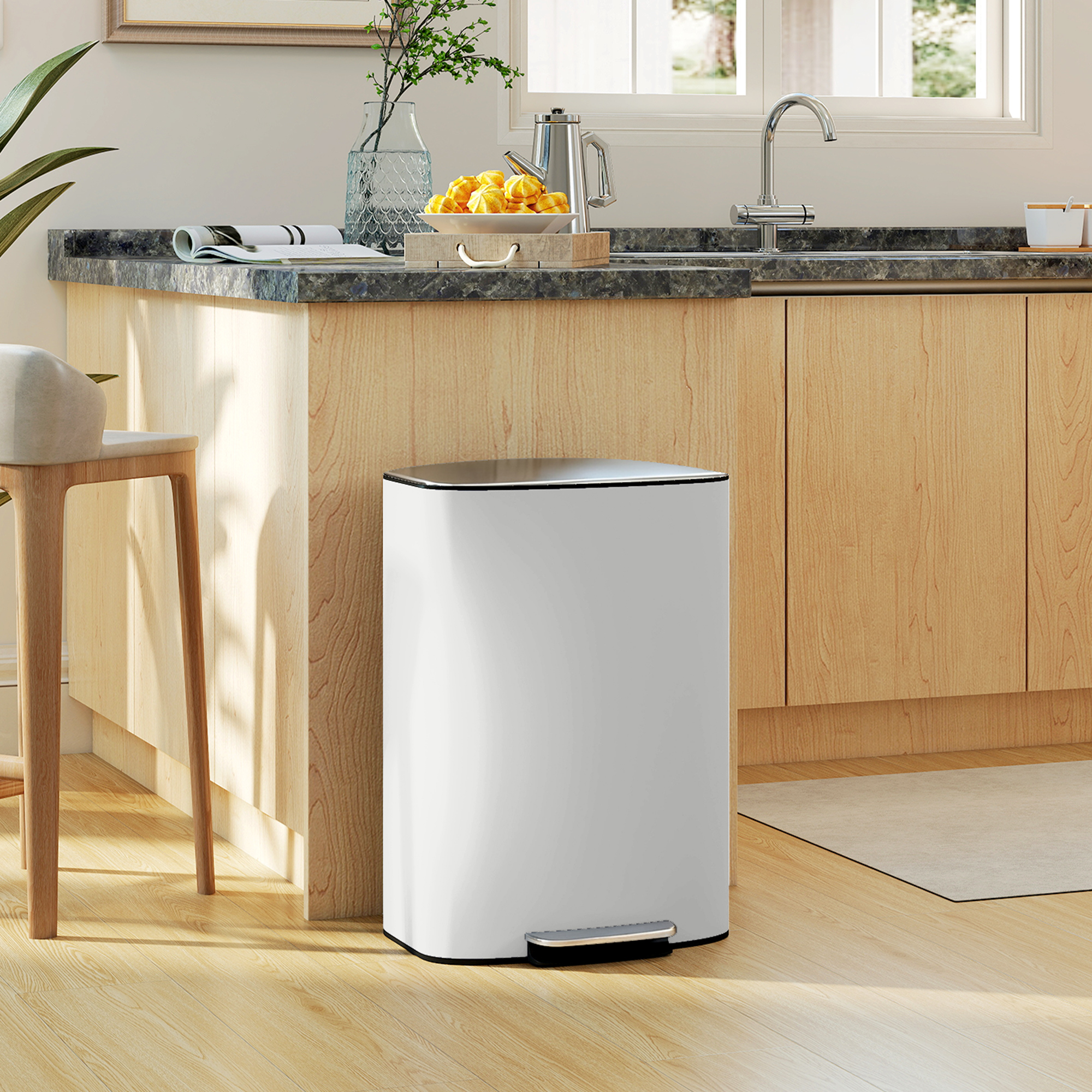 Mülleimer Küche 50 Liter Treteimer mit Bleib-Offen-Funktion, Soft-Close-Deckel, Pedal, Cremeweiß