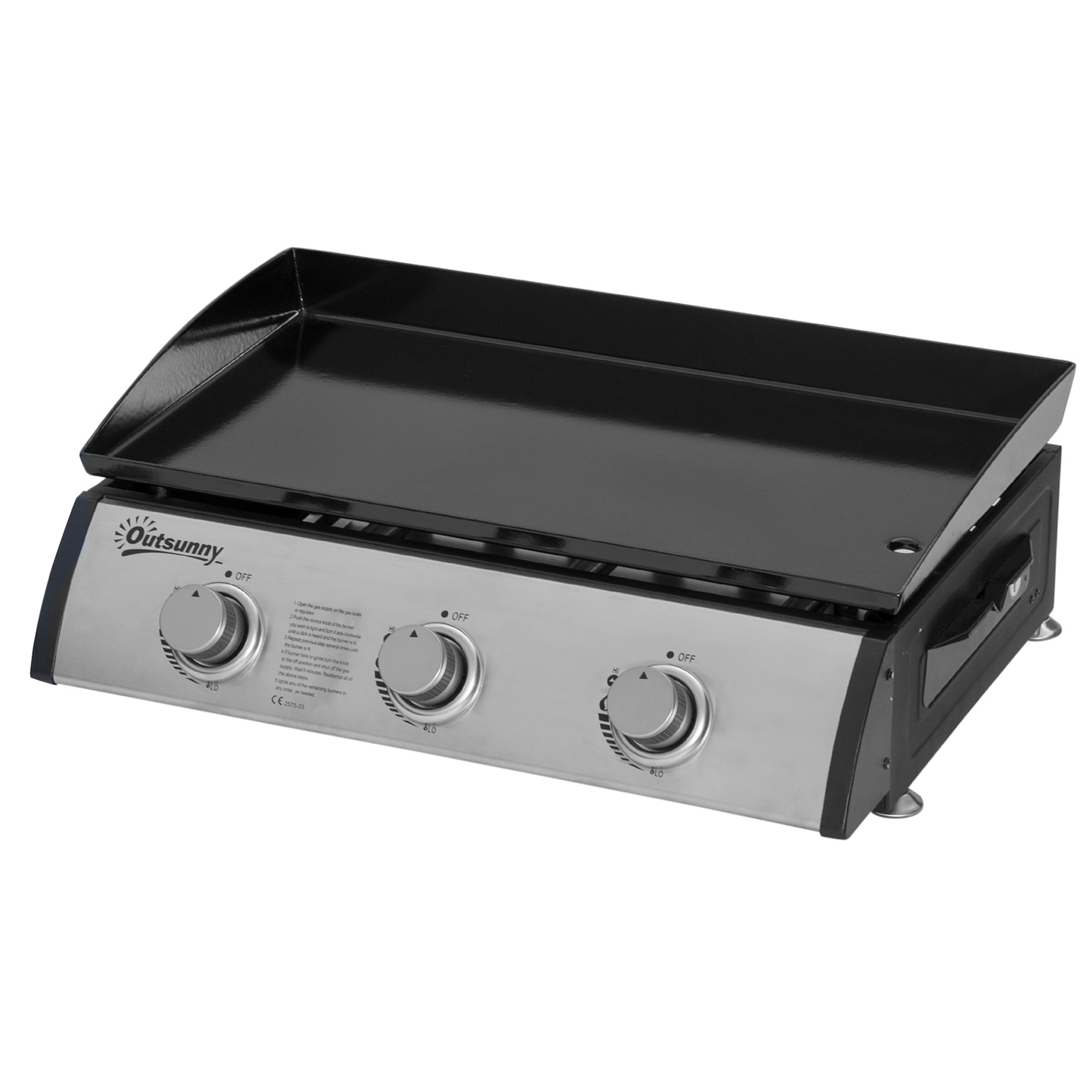 Gasgrill mit 3 Brennern, Schlauch, Antihaft-Grillplatte, Edelstahl, Farbe: Silber, 63 x 48 x 21 cm