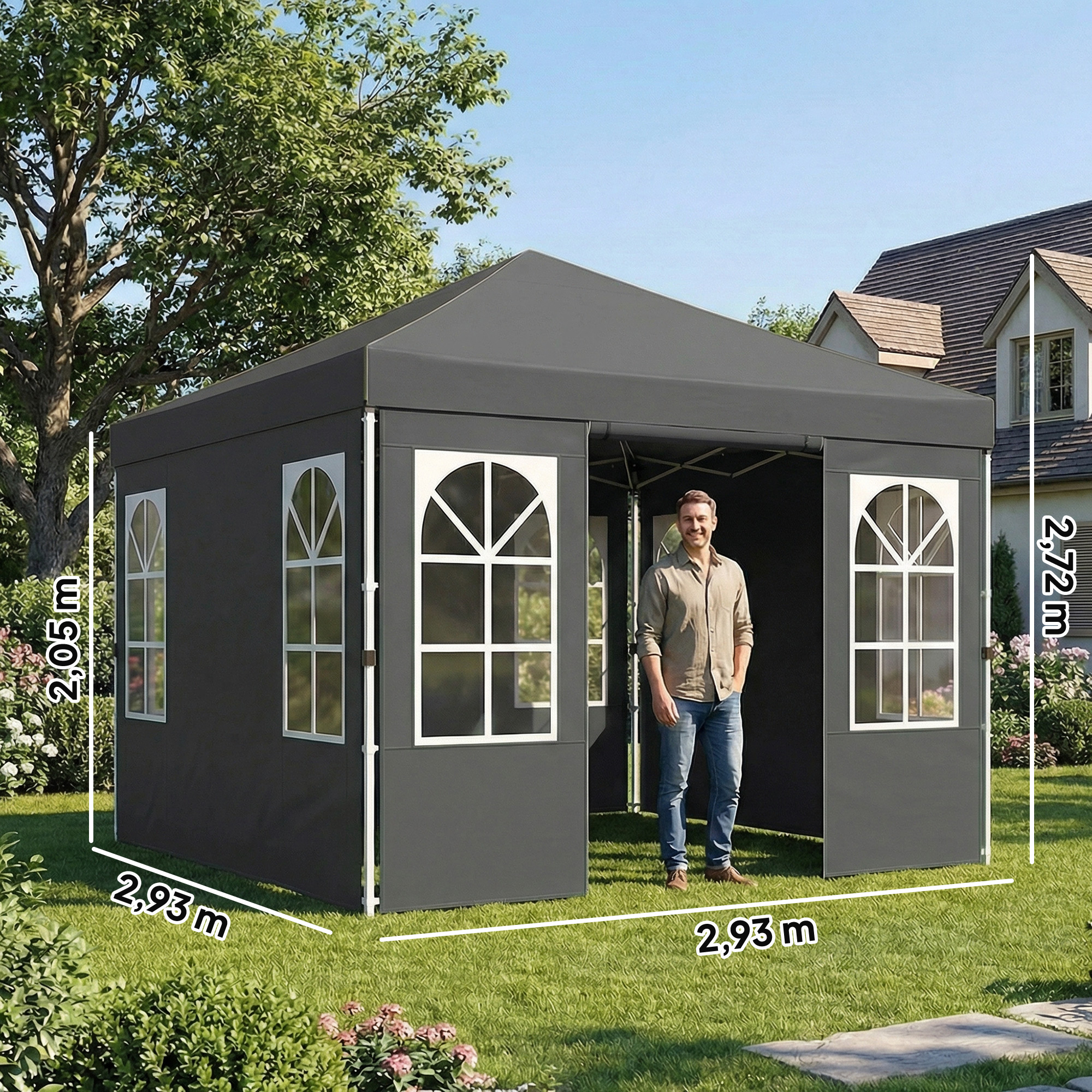 Pavillon 3x3m Wasserdicht Stabil Winterfest Pop-up Faltpavillon, Ein-Knopf-Aufbau, UV 50+ Dunkelgrau
