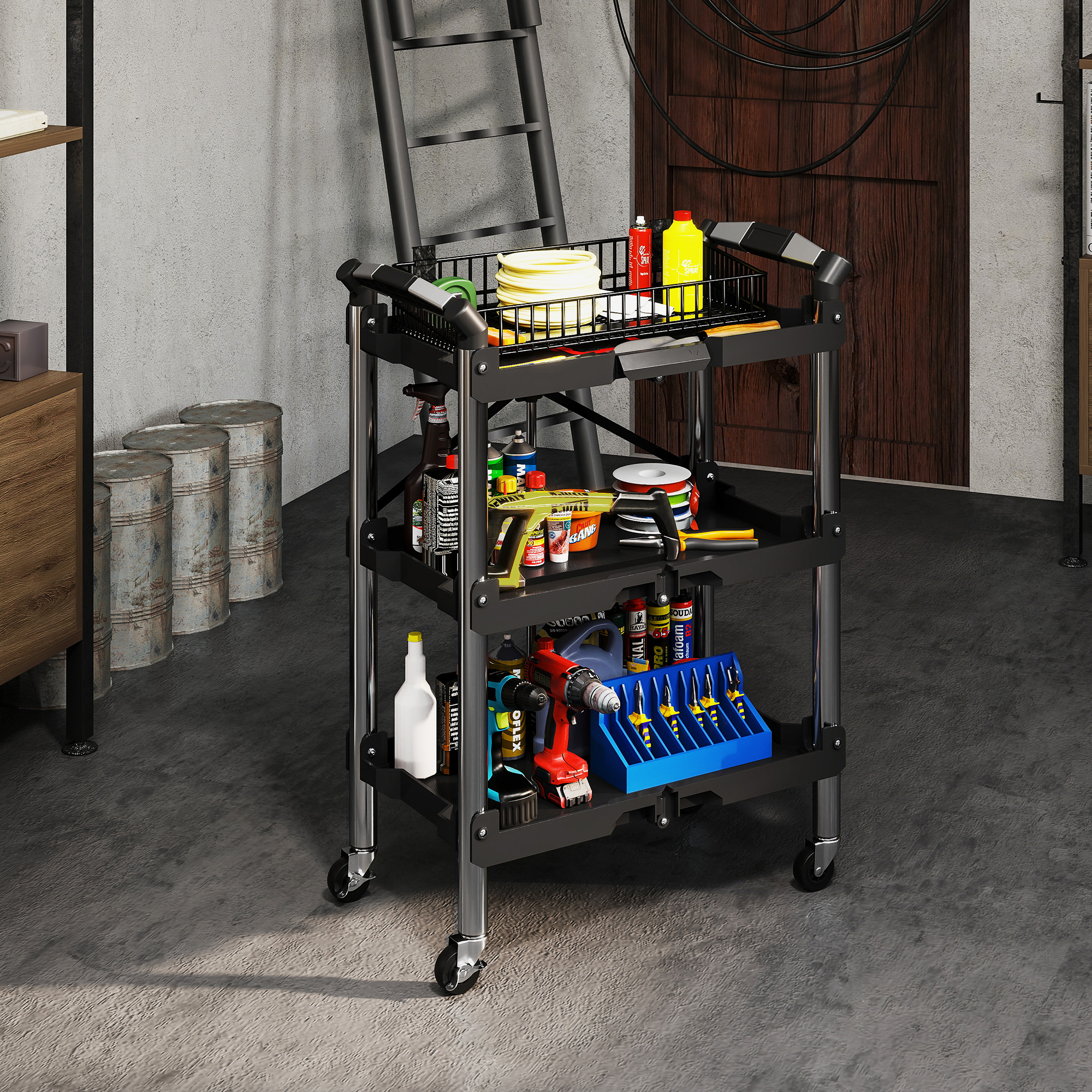 Werkzeug-Trolley, klappbarer 3-stufiger Werkzeugwagen, Kunststoff, Stahl, Schwarz