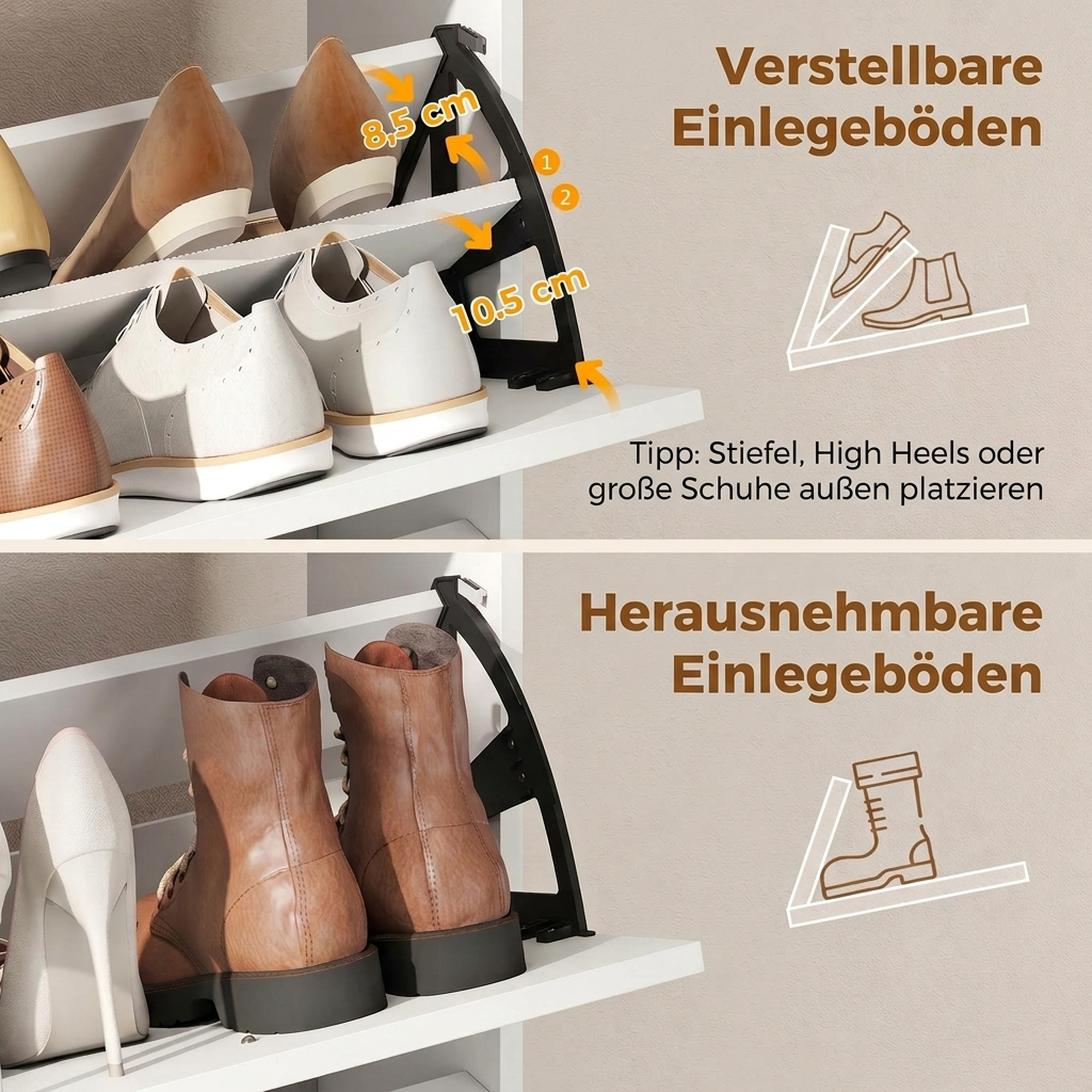 Schuhschrank mit 4 Klappfächern, verstellbaren Trennwänden, offenem Regal und oberer Ablage, Weiß