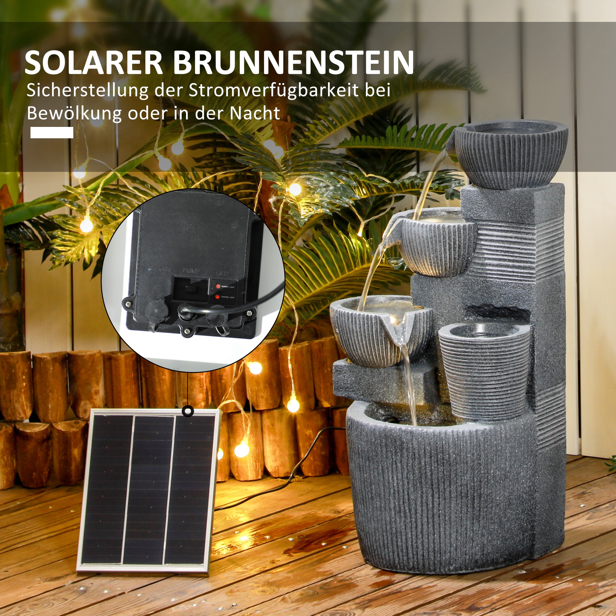 Gartenbrunnen, Naturoptik, 4-stufig, Solarbetrieb, LEDs, 57cm Höhe, Dunkelgrau