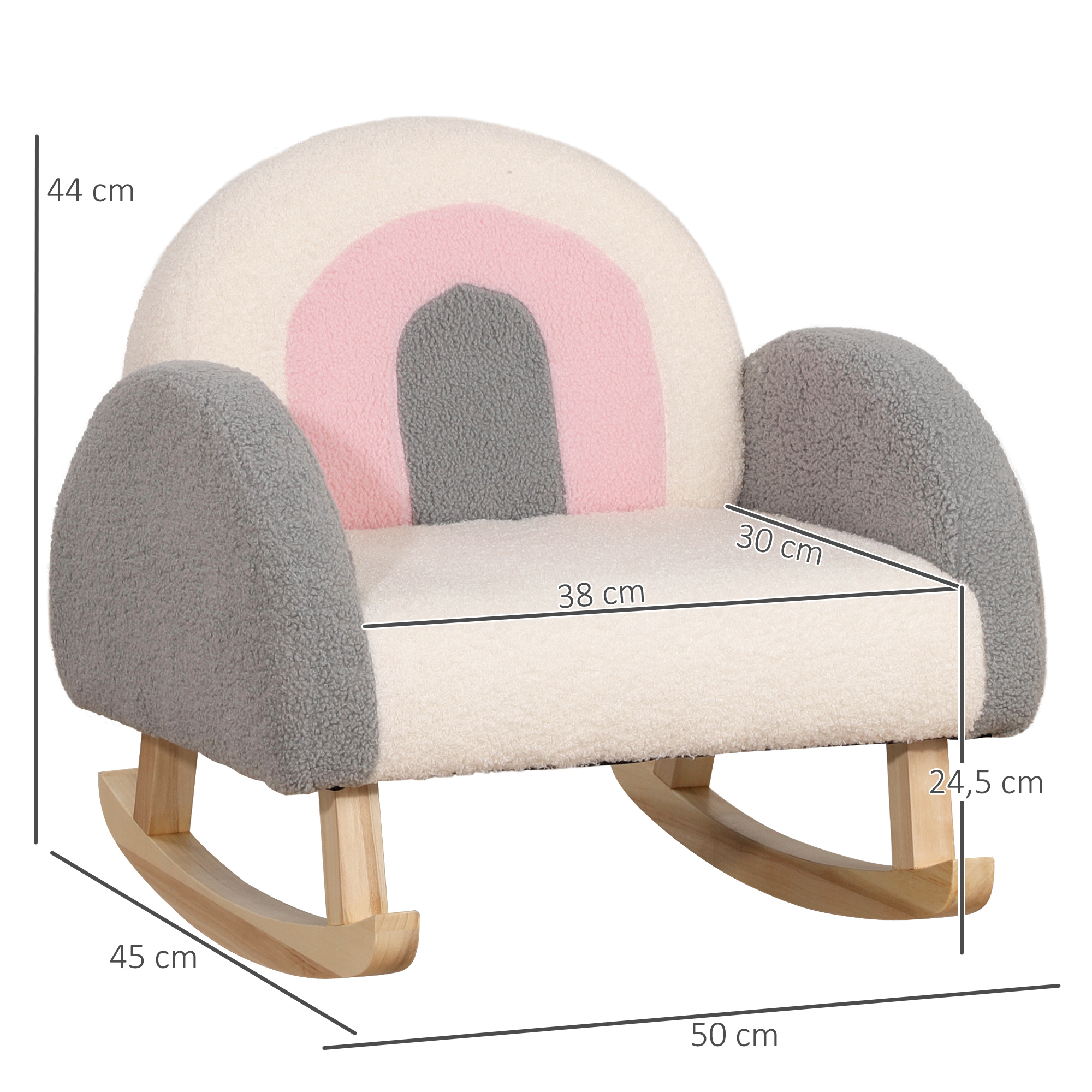 Schaukelstuhl für Kleinkinder, niedliches Design, Schaffell-Imitat, Eukalyptusholz, 50 x 45 x 44cm, grau+rosa+creme