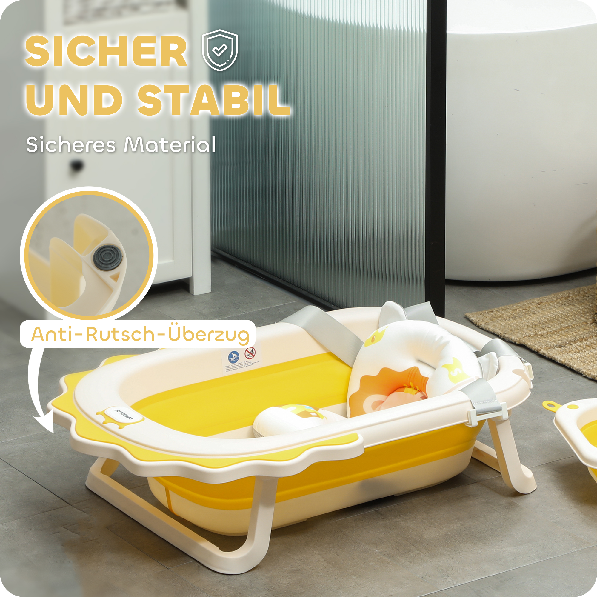 Babybadewanne mit Waschbecken, faltbar, rutschfester Boden, komfortables Badekissen, Gelb