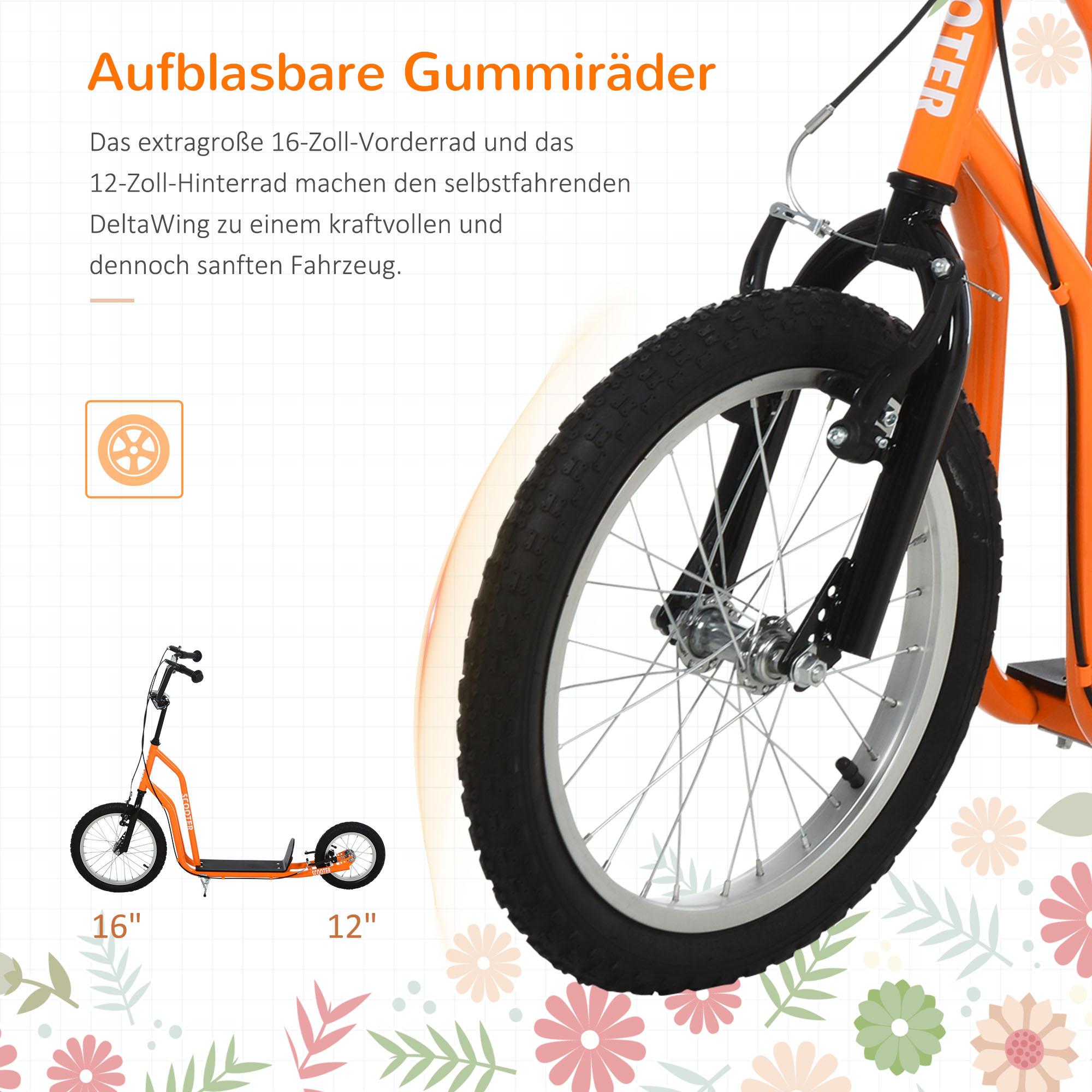 Kinderroller ab 5 jahre Scooter Tretroller Cityroller Kinder Roller Kickboard mit Luftreifen16/12 Zoll Orange 135 x 58 x 88-94 cm