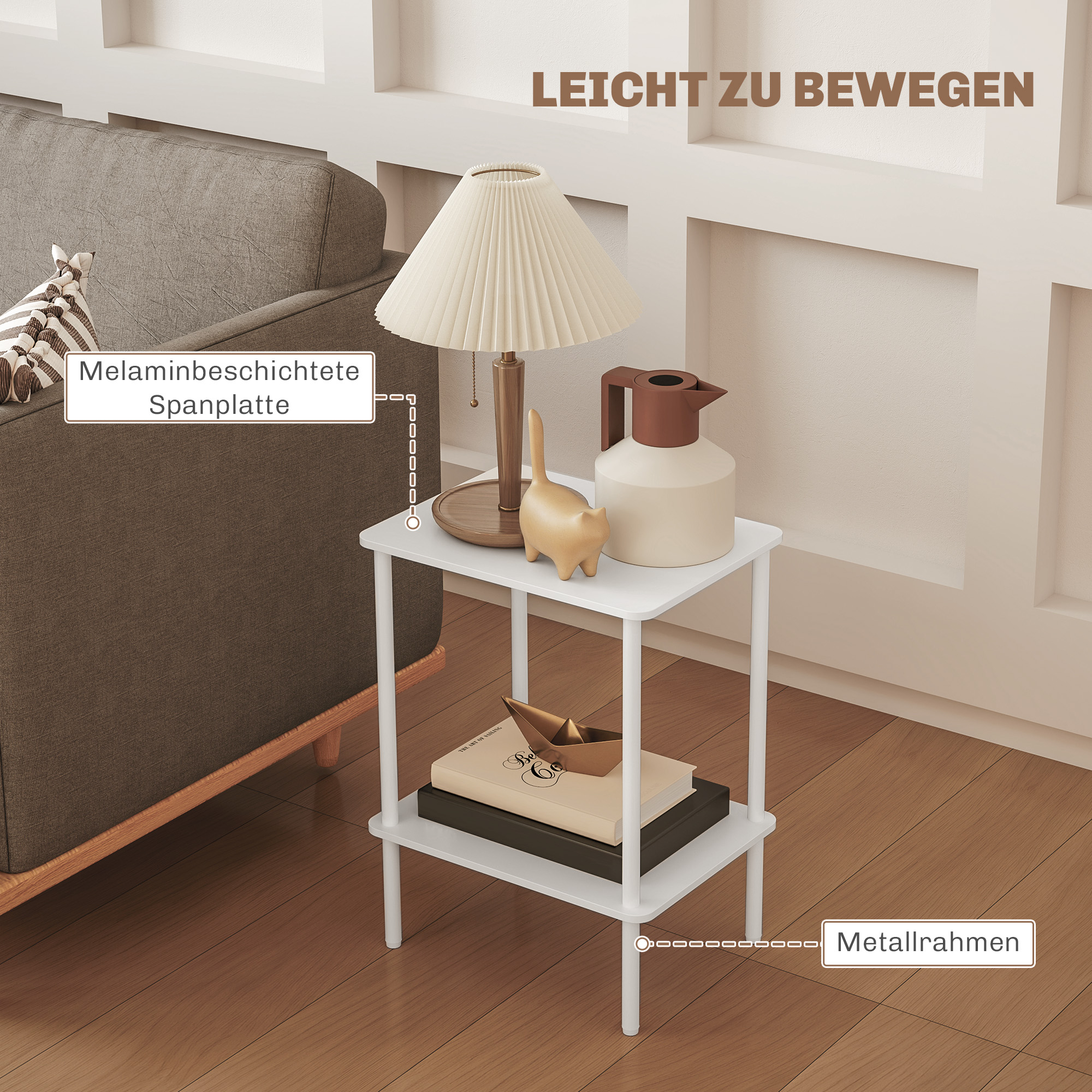 Moderner 2-stufiger Beistelltisch mit Aufbewahrungsfach und Metallrahmen für Wohnzimmer, Schlafzimmer, Weiß