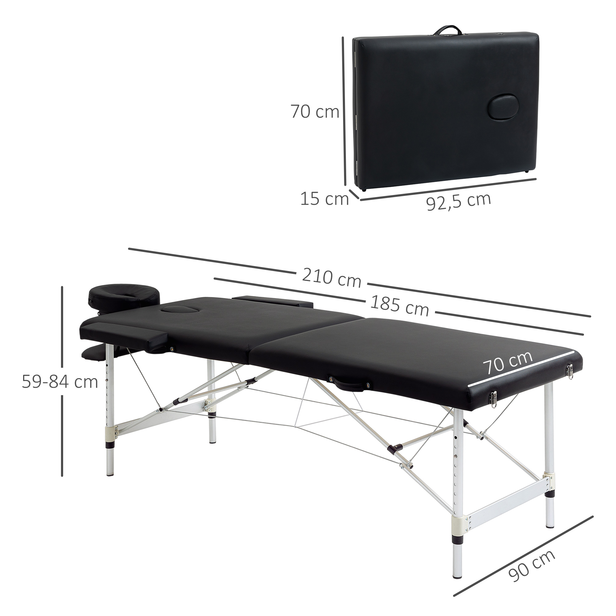 Massageliege, 2 Zonen klappbarer Massagetisch mit Kunstleder-Bezug, Kopfstütze, Armlehnen, Tasche, höhenverstellbare Massagebank 90cm Breit bis 225 kg belastbar, Schwarz