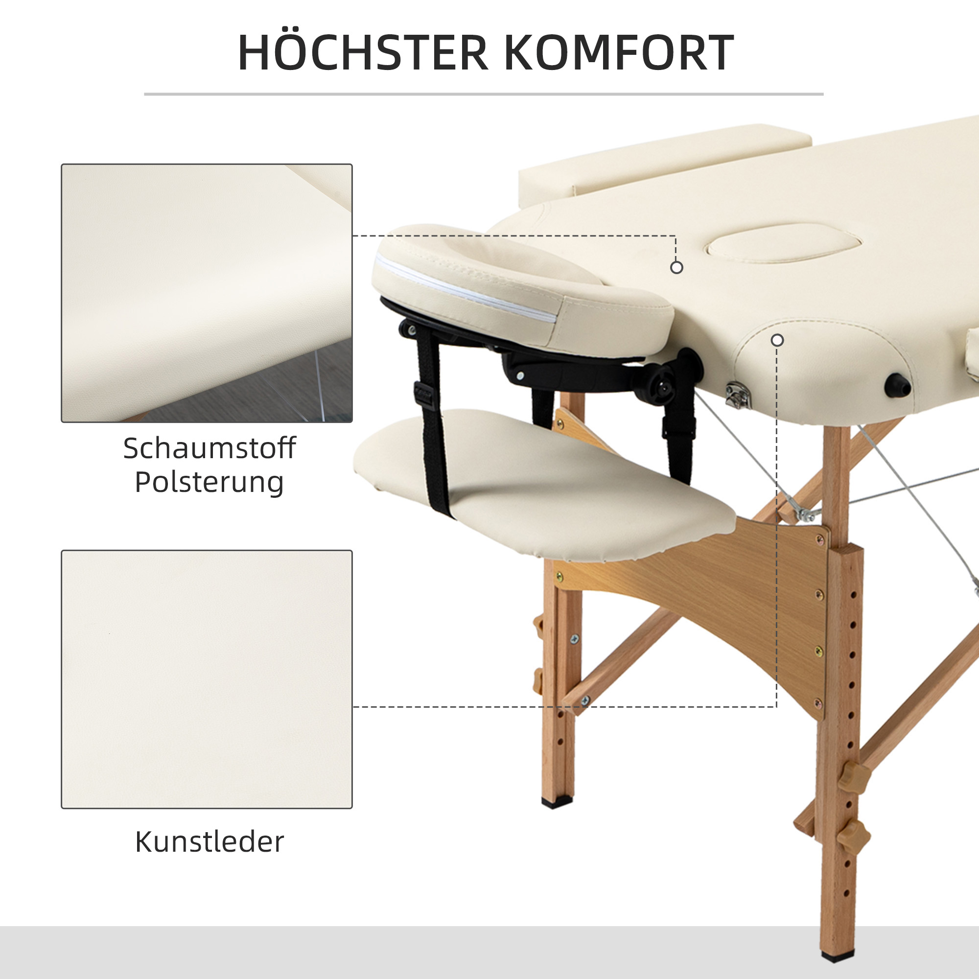Massagetisch, klappbare Massageliege, höhenverstellbare Massagebank für Spa, Salon, Kunstleder, Holz, Cremeweiß