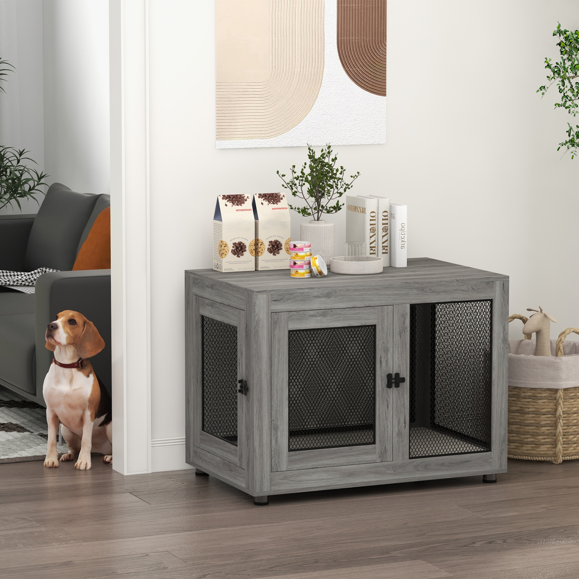Hundebox, Welpenbox, mit Ablagefläche, wasserabweisendes Kissen, Stahlgitter, verstellbare Füße, 94x60x71,5 cm