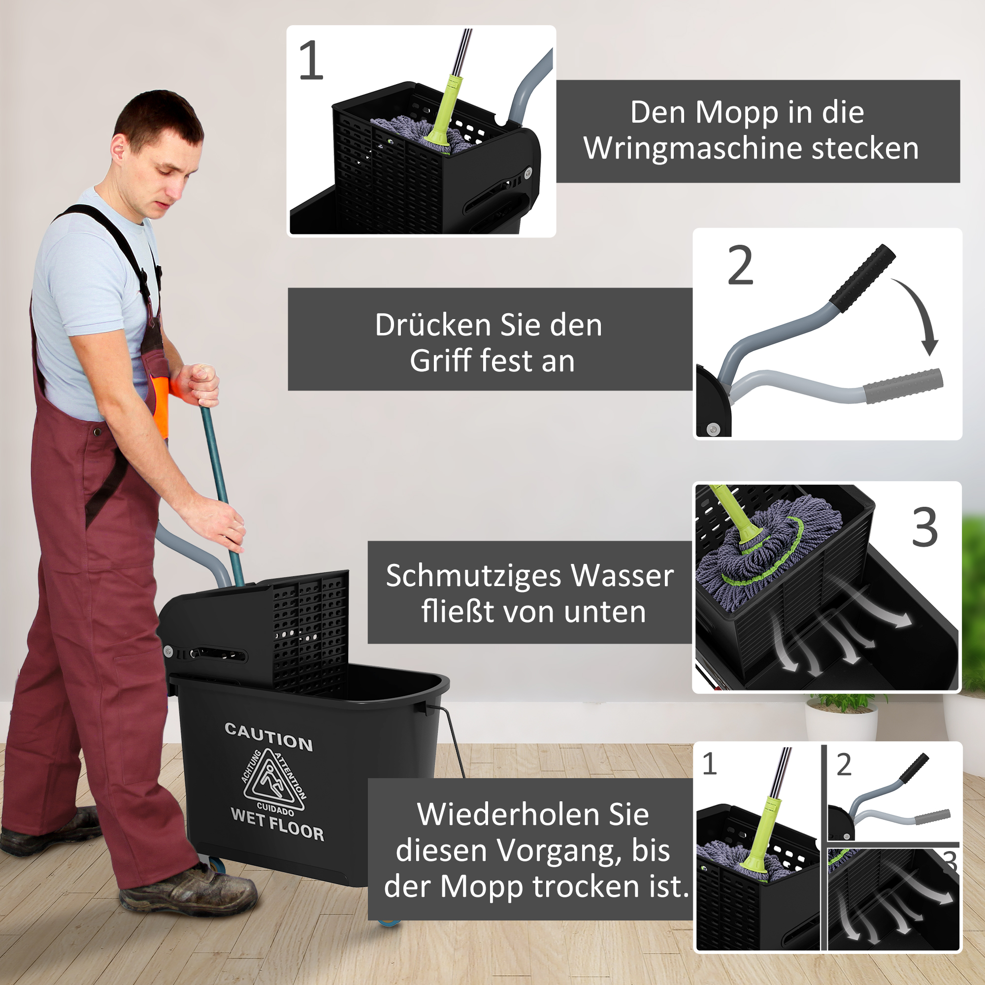 20 L Mopp-Eimer mit Auswringer und Griff, Wischmopp-Eimer auf Rädern, Kunststoff, Schwarz