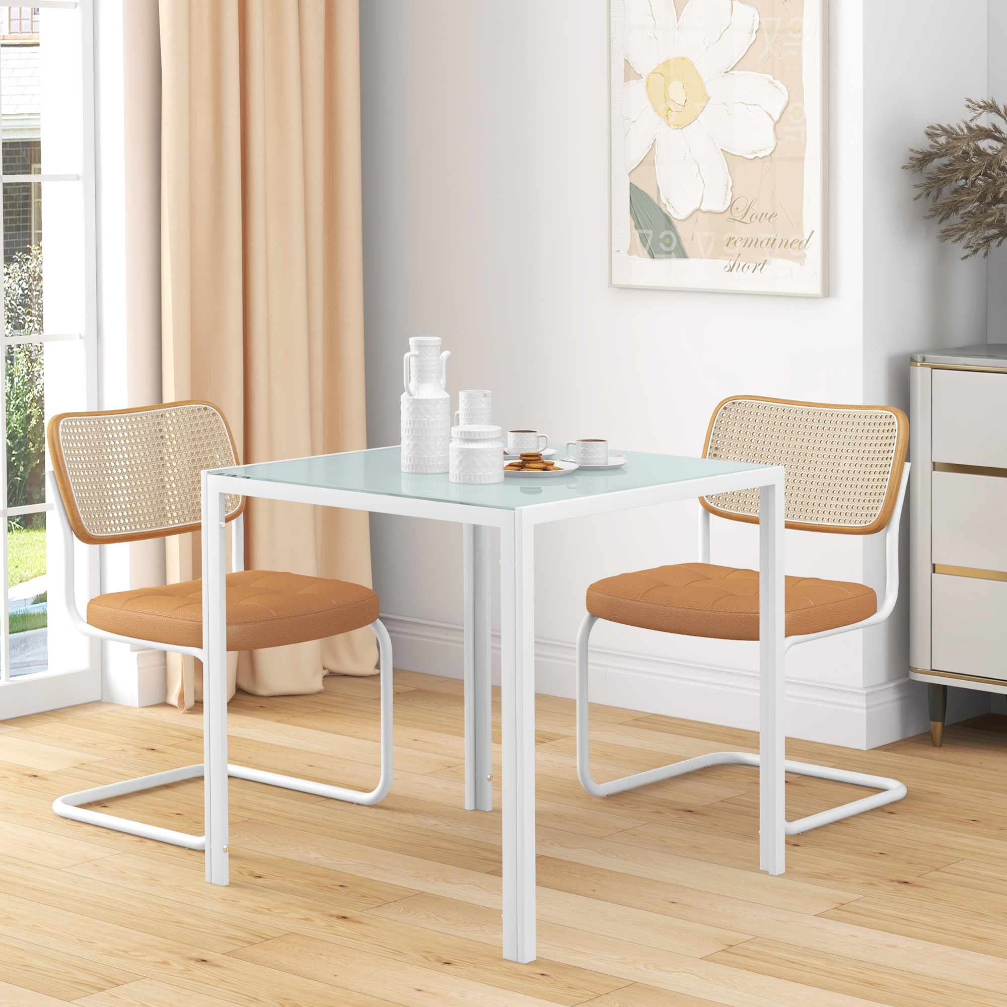 Quadratischer Esstisch für 4 Personen, Tischplatte aus Hartglas, für Küche und Esszimmer, 75 x 75 x 75 cm, Weiß