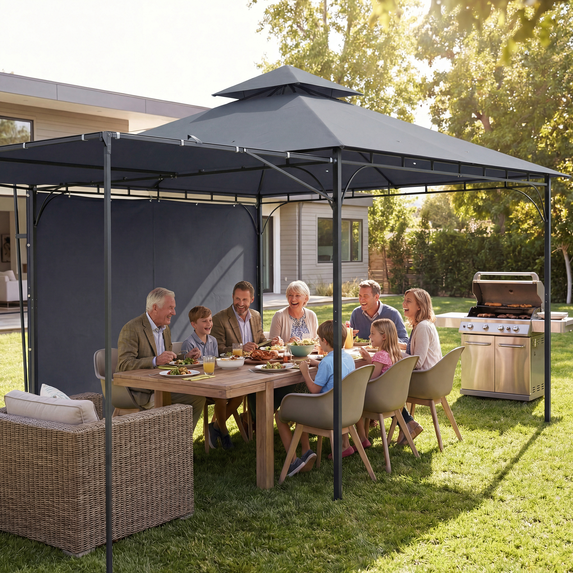 Pavillon 3,2x3,2 m Stabil Winterfest Gartenpavillon mit ausziehbaren Dachüberstand, Doppeldach Dunkelgrau