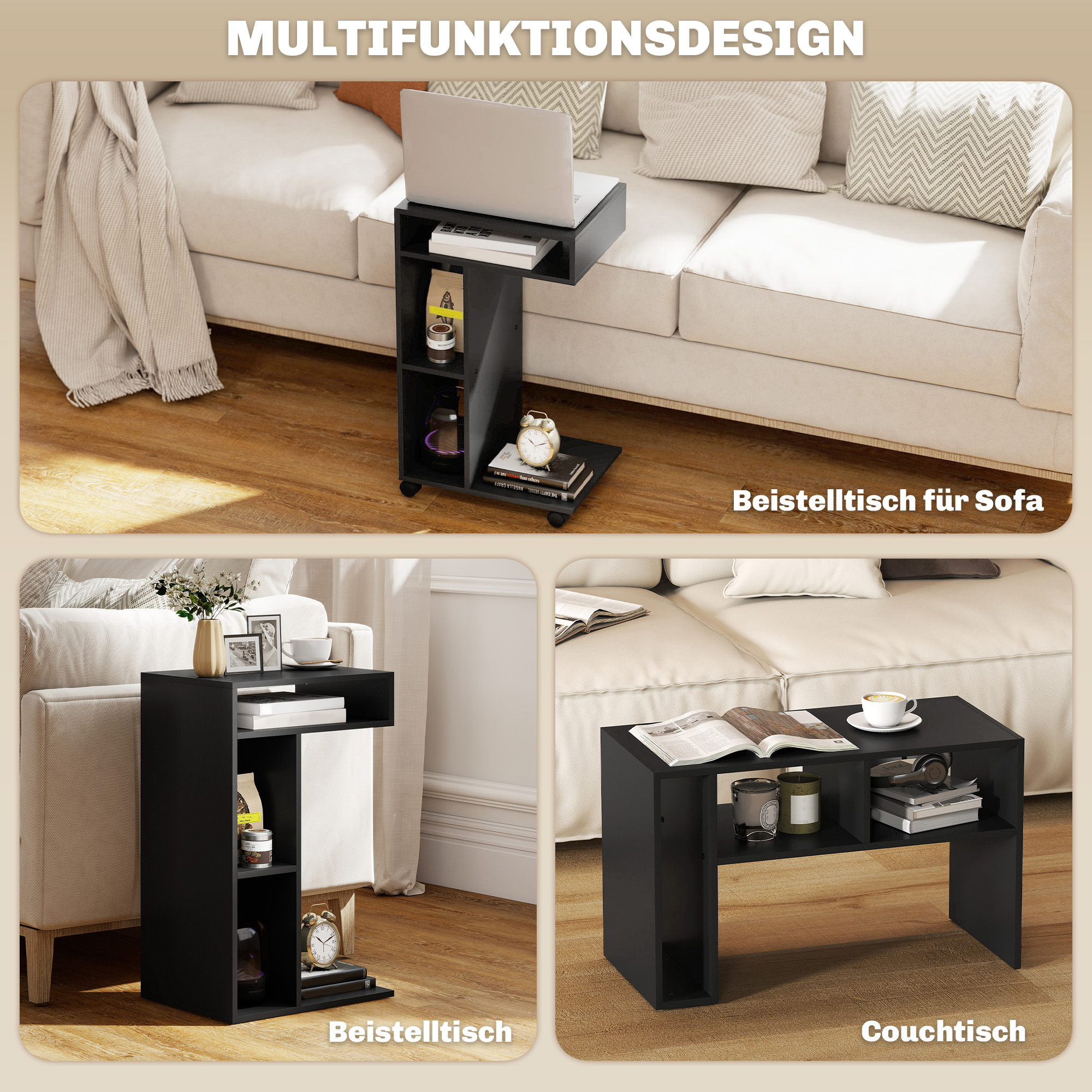 Beistelltisch, C-förmiger Servierwagen, 4 Rollen, 3 Fächer, 40 x 30 x 69 cm, Schwarz