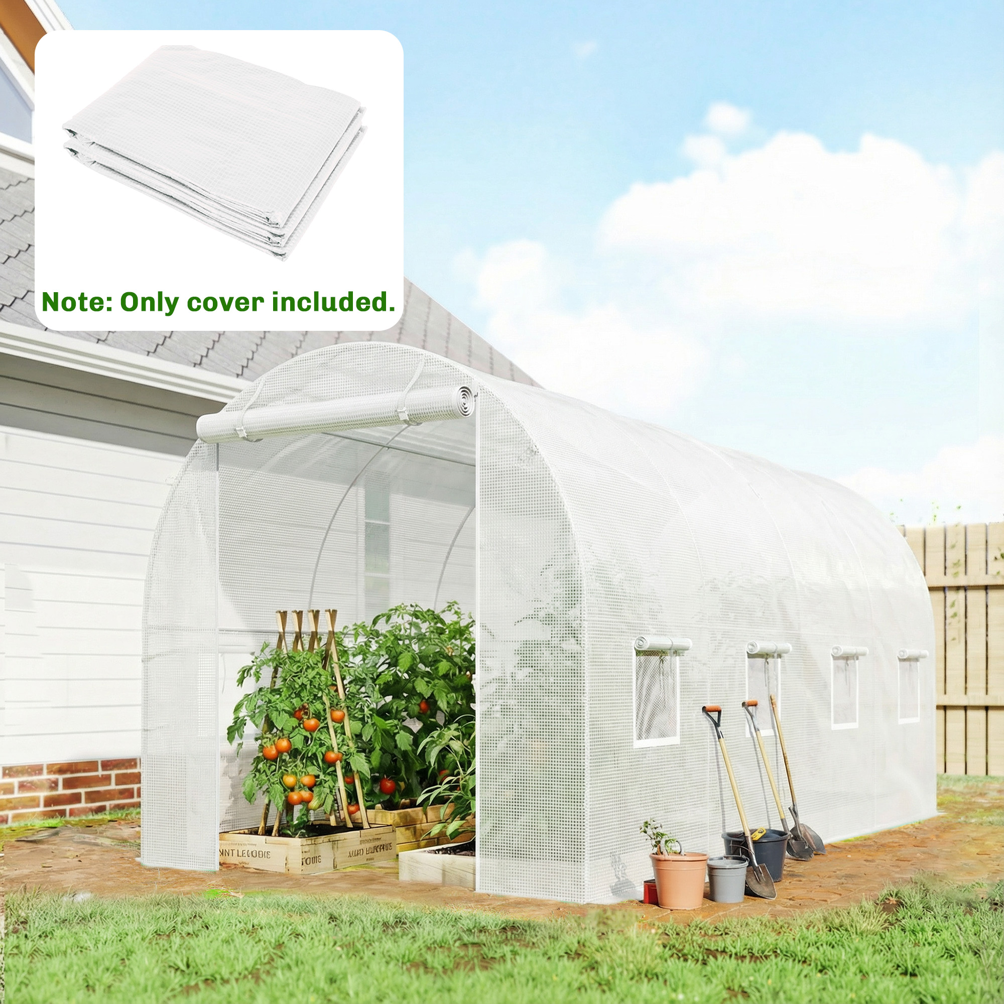 Gewächshausfolie 4 x 2 m, wasserdicht Gartenfolie mit Tür, 8 Fenster, UV Schutz, Reißfest Polyethylen Weiß