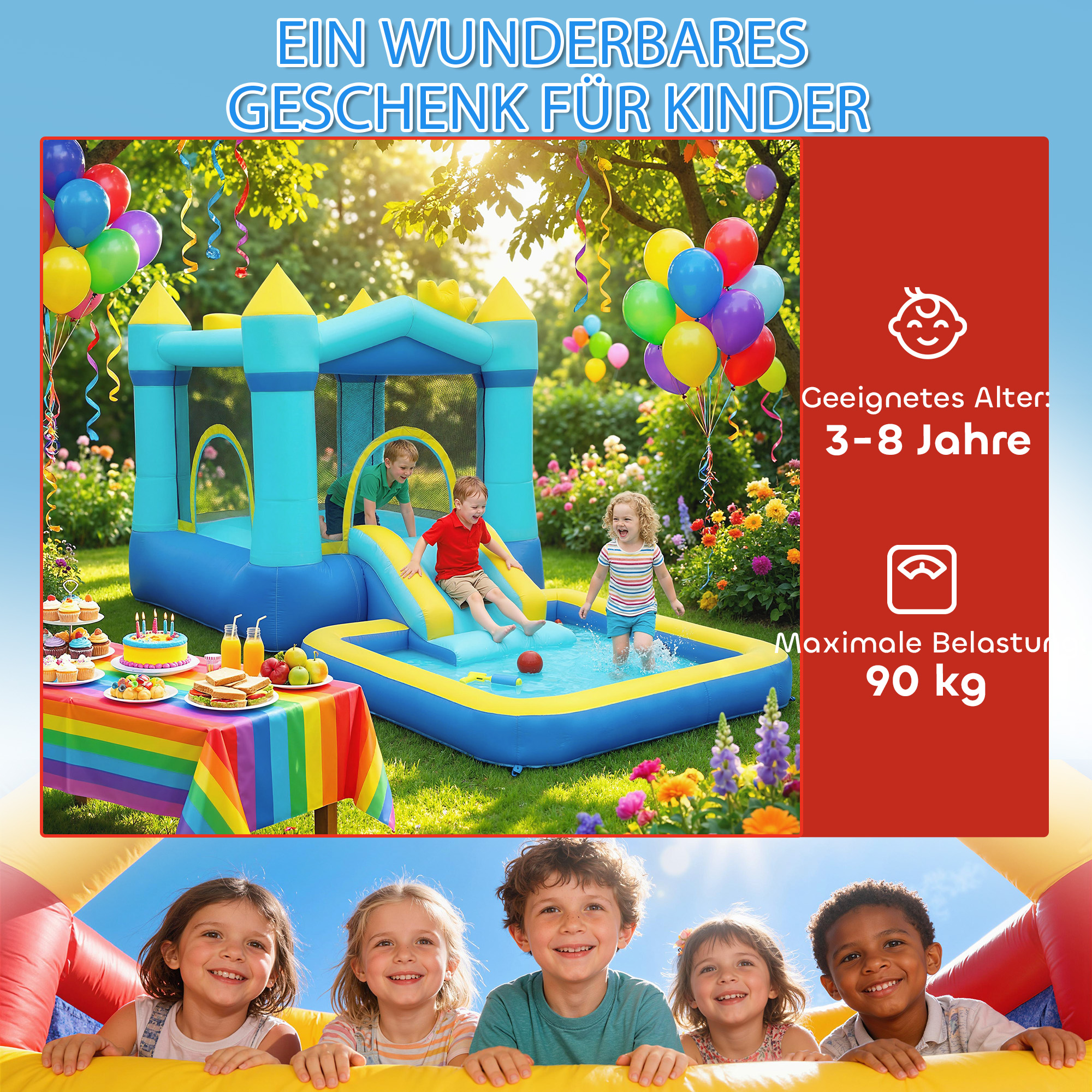 Hüpfburg Aufblasbar Spielcenter mit Gebläse Rutsche Trampolin Planschbecken/Bällebad Wasserpistole 364x173x182 cm Blau