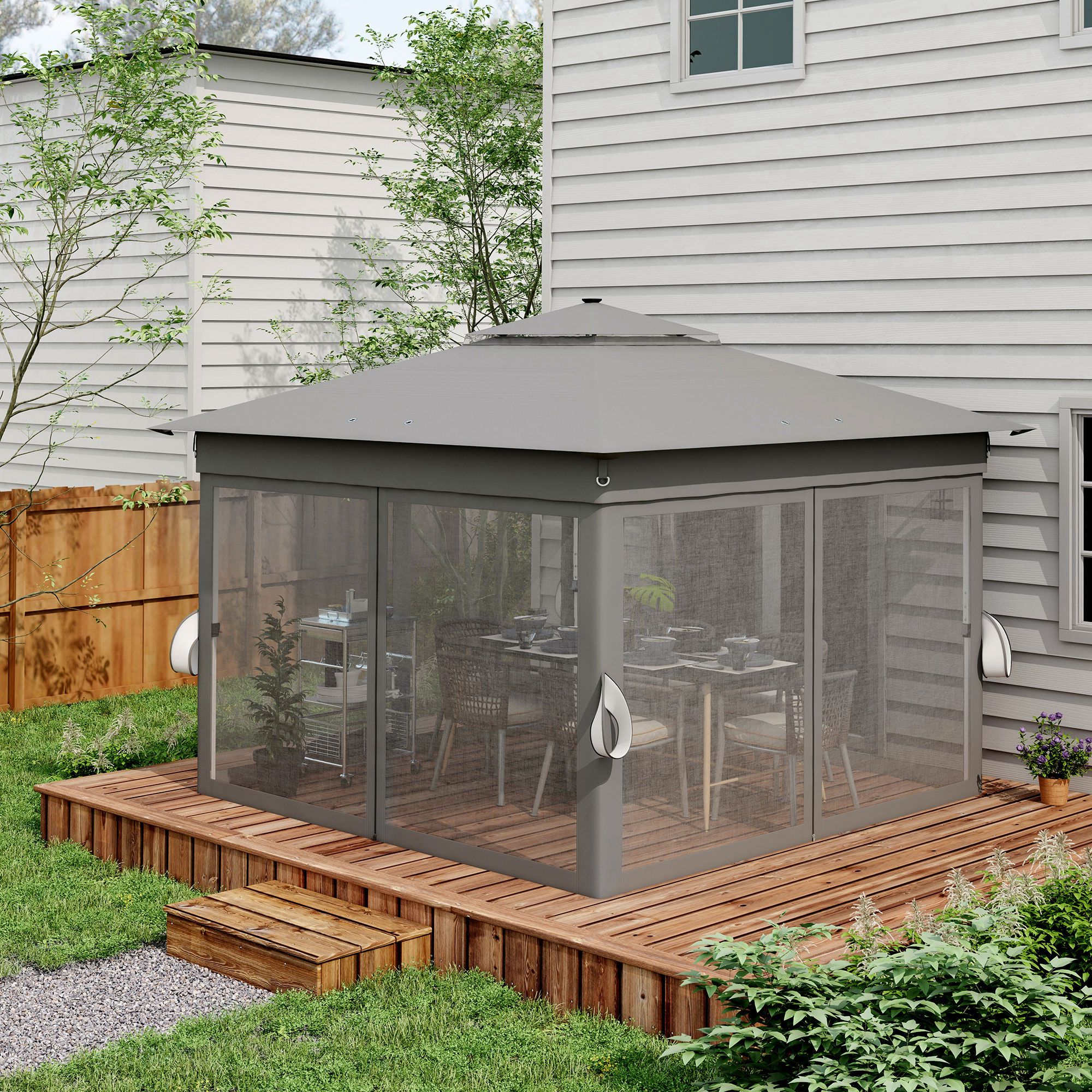 Gartenzelt mit solarbetriebenen LED´s Gartenzelt mit Beleuchtung, 336 cm x 336 cmx 270 cm, Grau