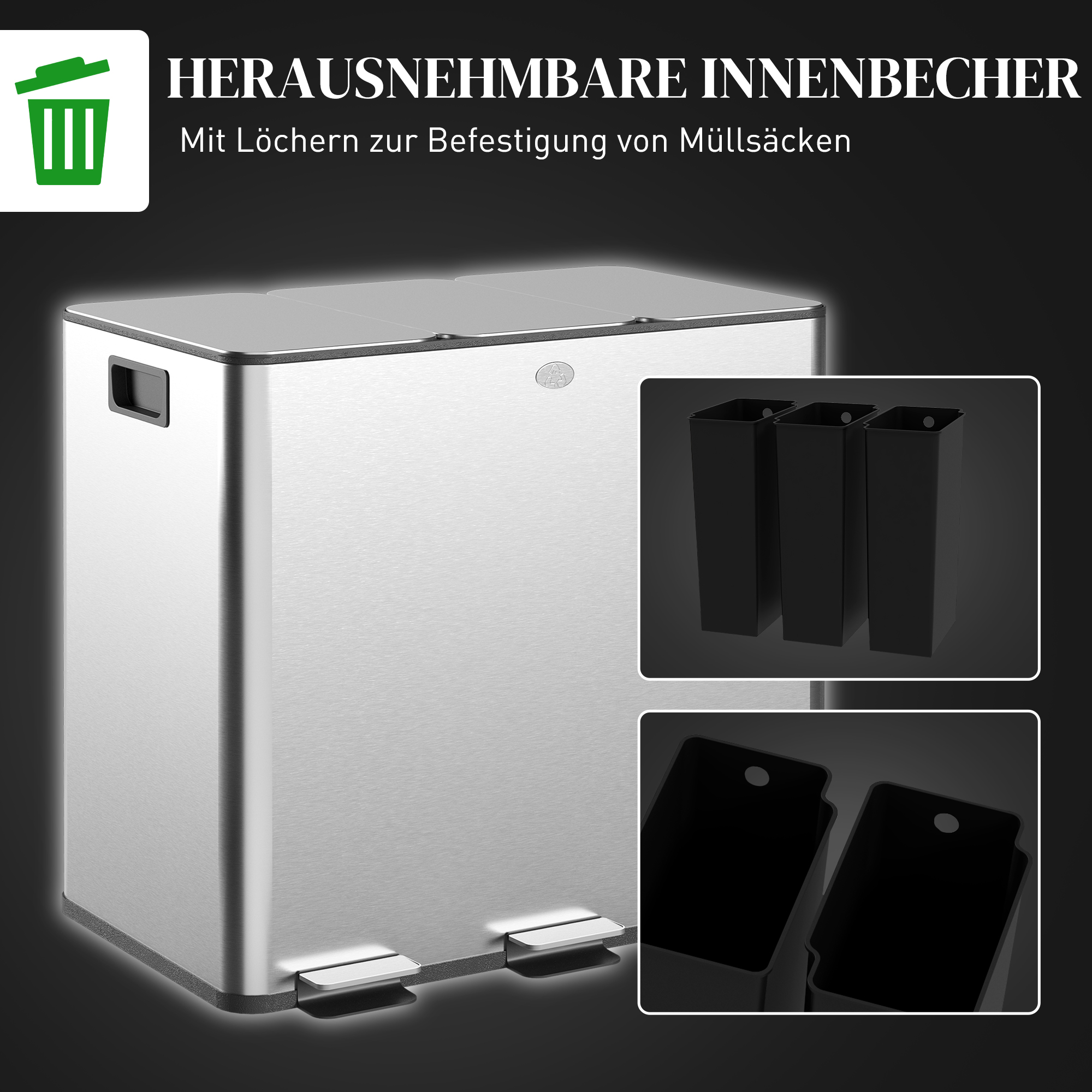 Mülleimer mit 3 x 20 L Fächern, Deodorant-Deckel, fingerabdrucksicher, Soft-Close, herausnehmbar, Silber