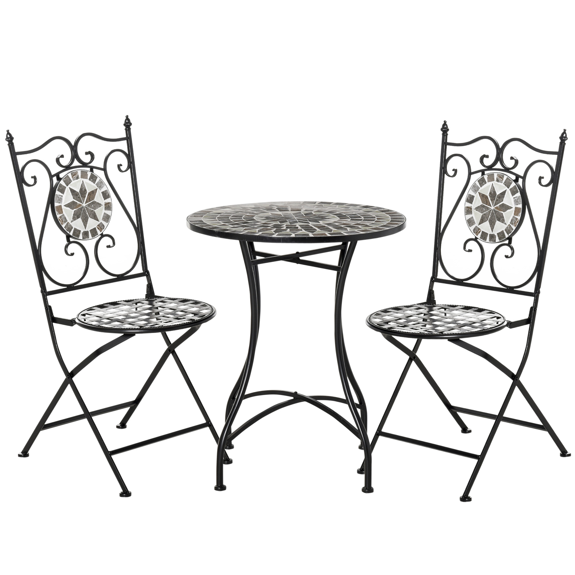 Garten Sitzgruppe für 2 Personen Balkonmöbel Set Mosaiktisch+faltbare Stühle Metall Keramikfliese Mehrfarbig