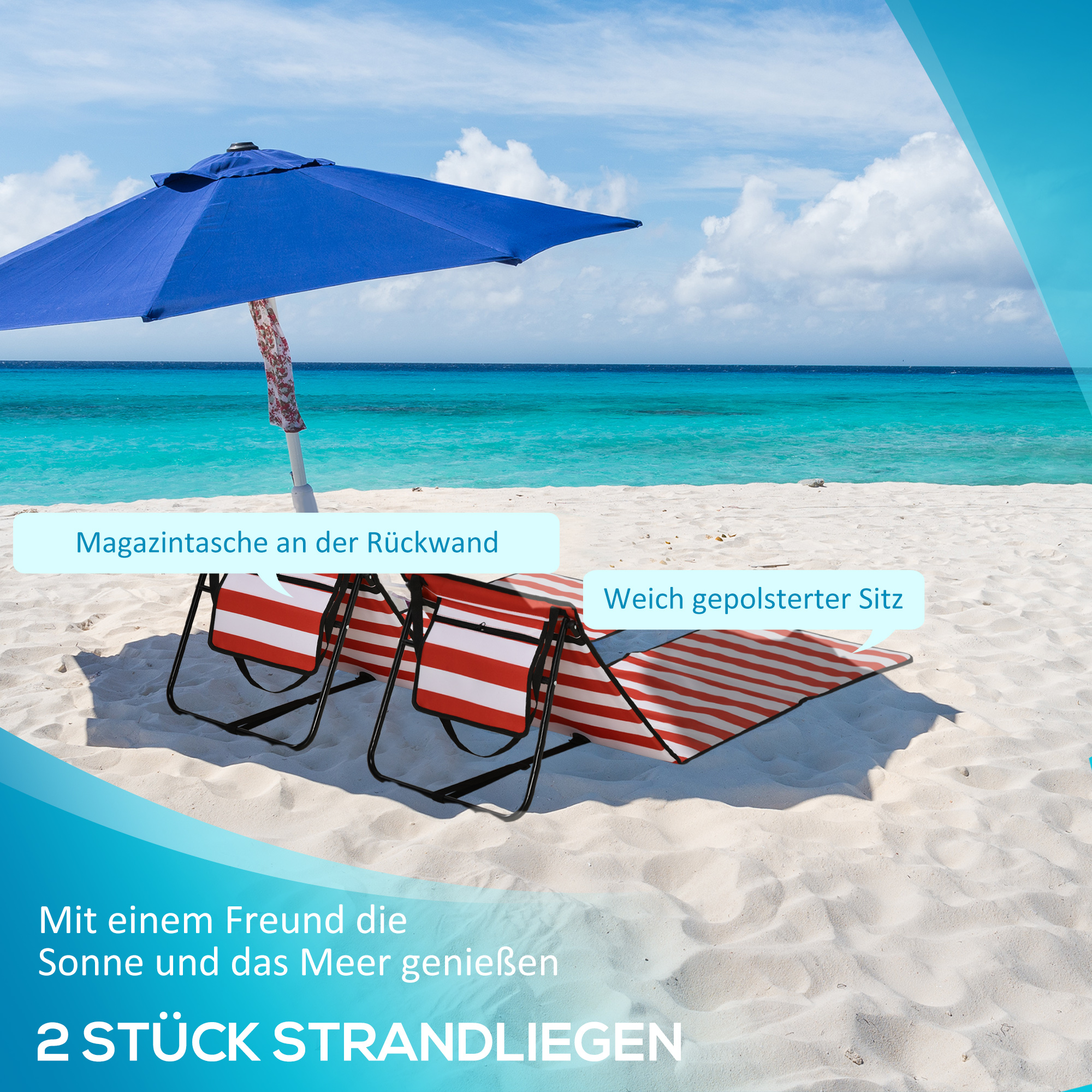 Strandliege, klappbar, verstellbare Rücklehne, Seitentasche, weiche Polsterung, Stahlrahmen, Rot, 142x51x40cm
