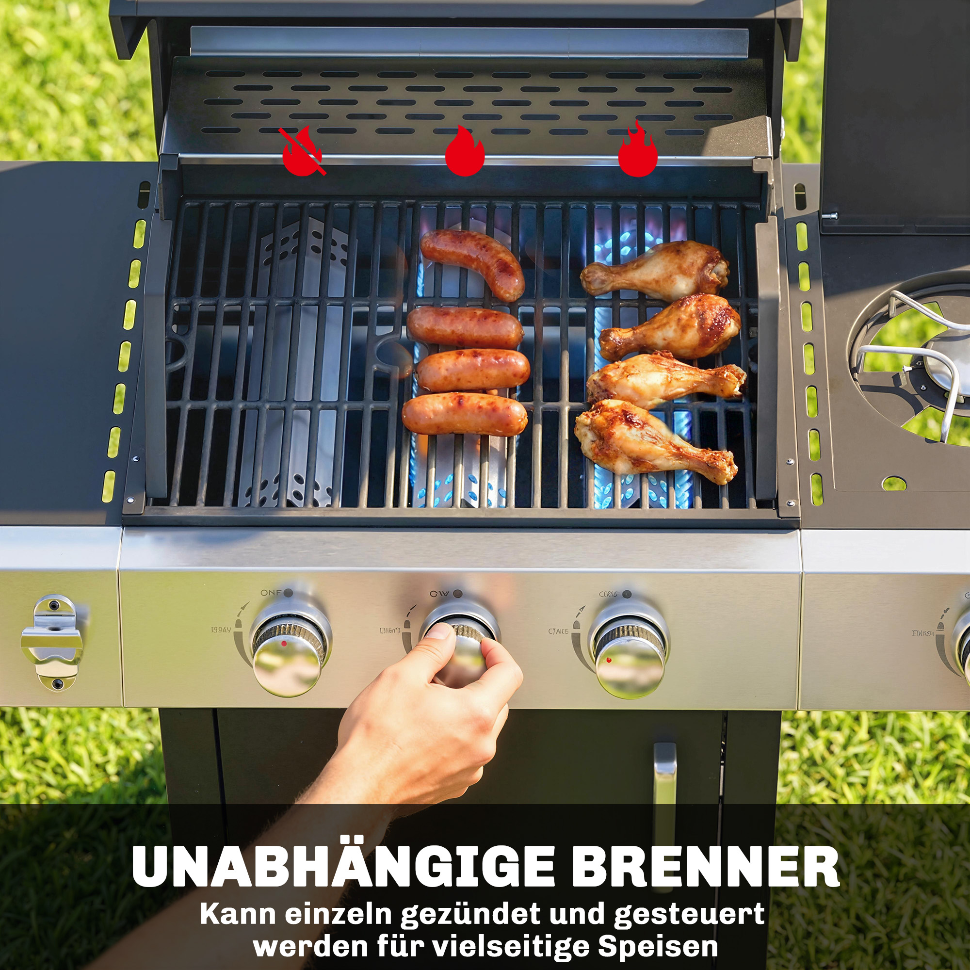 Gasgrill 10,5 KW 3+1 Brenner BBQ Grillwagen Edelstahl inkl Seitenbrenner Flaschenöffner Thermometer Gusseisen-Grillrost