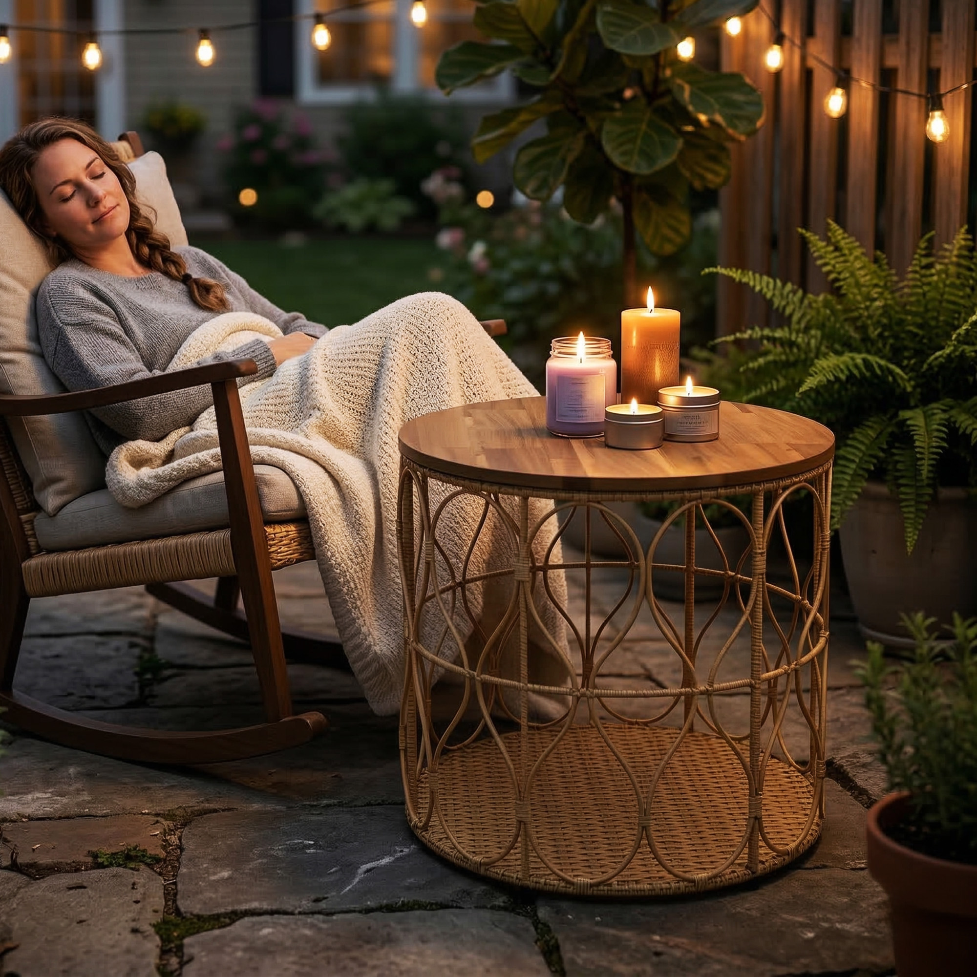 Beistelltisch Ø50 cm wetterfest Gartentisch mit Rattanoptik Akazienholzplatte verstellbaren Füßen Teak