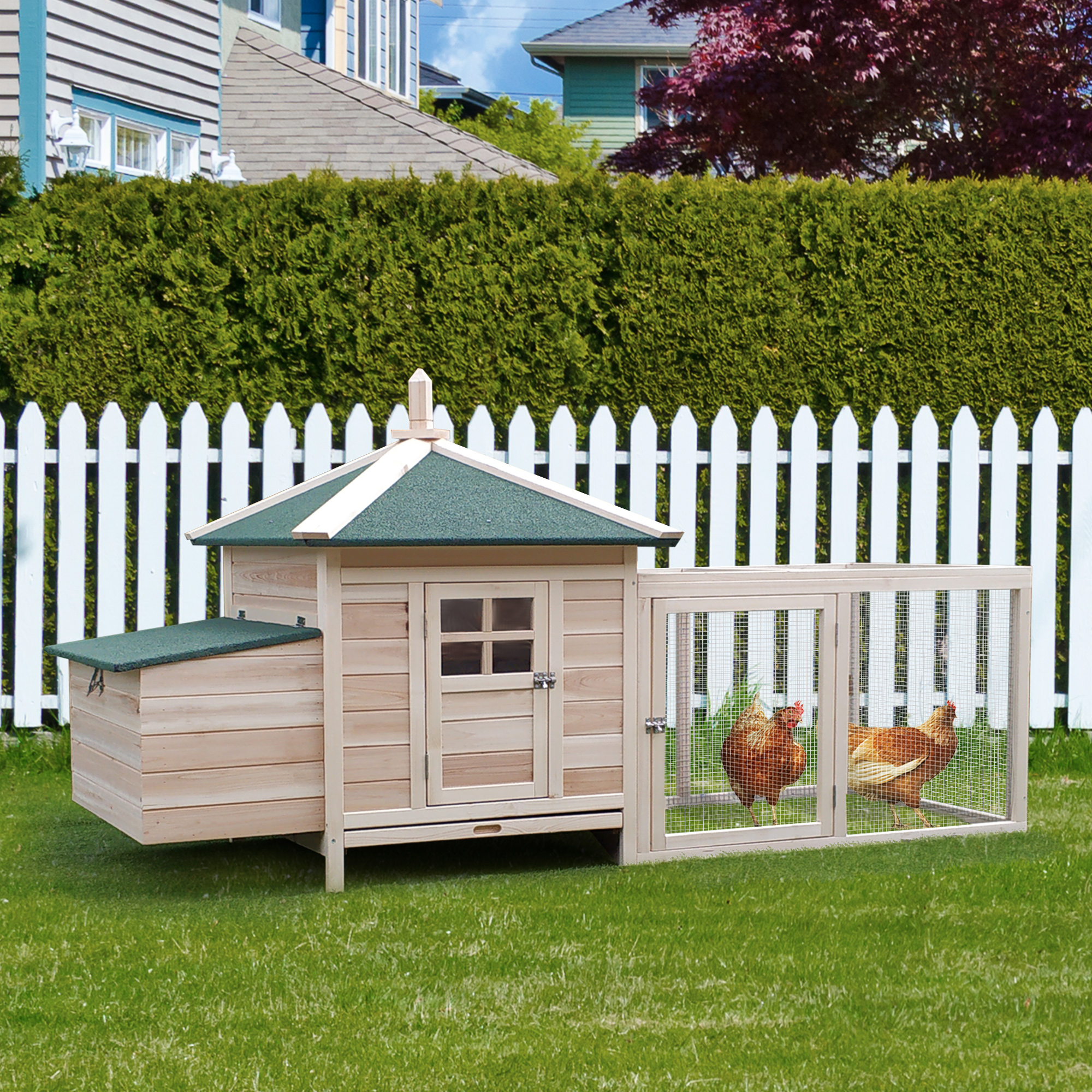 Hühnerstall für Zwerghühner 196 x 76 x 97 cm witterungsbeständig Hühnerhaus mit Nistkasten, Freilaufgehege Sitzstange, Kleintierstall aus Holz für 1-2 Hühner, Natur