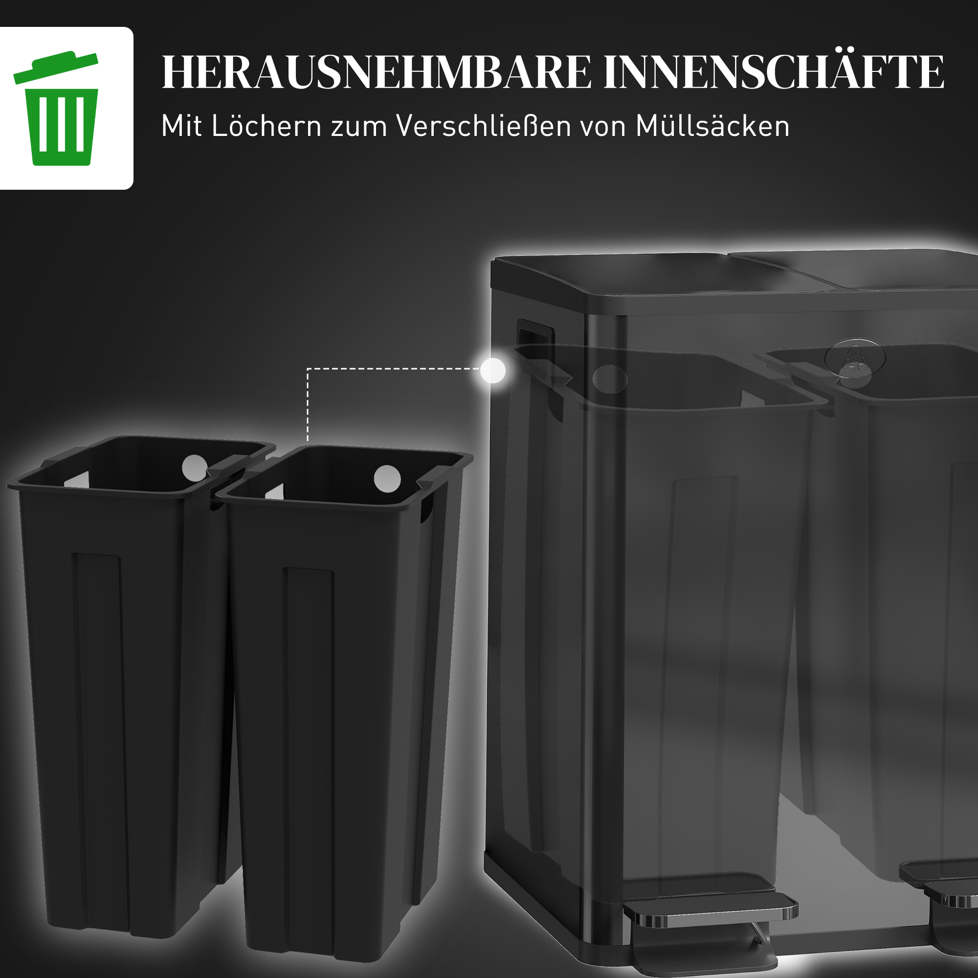 2 x 20l Doppelmülleimer, Pedalöffnung, leicht zu reinigen, Edelstahl, Kunststoff, Schwarz