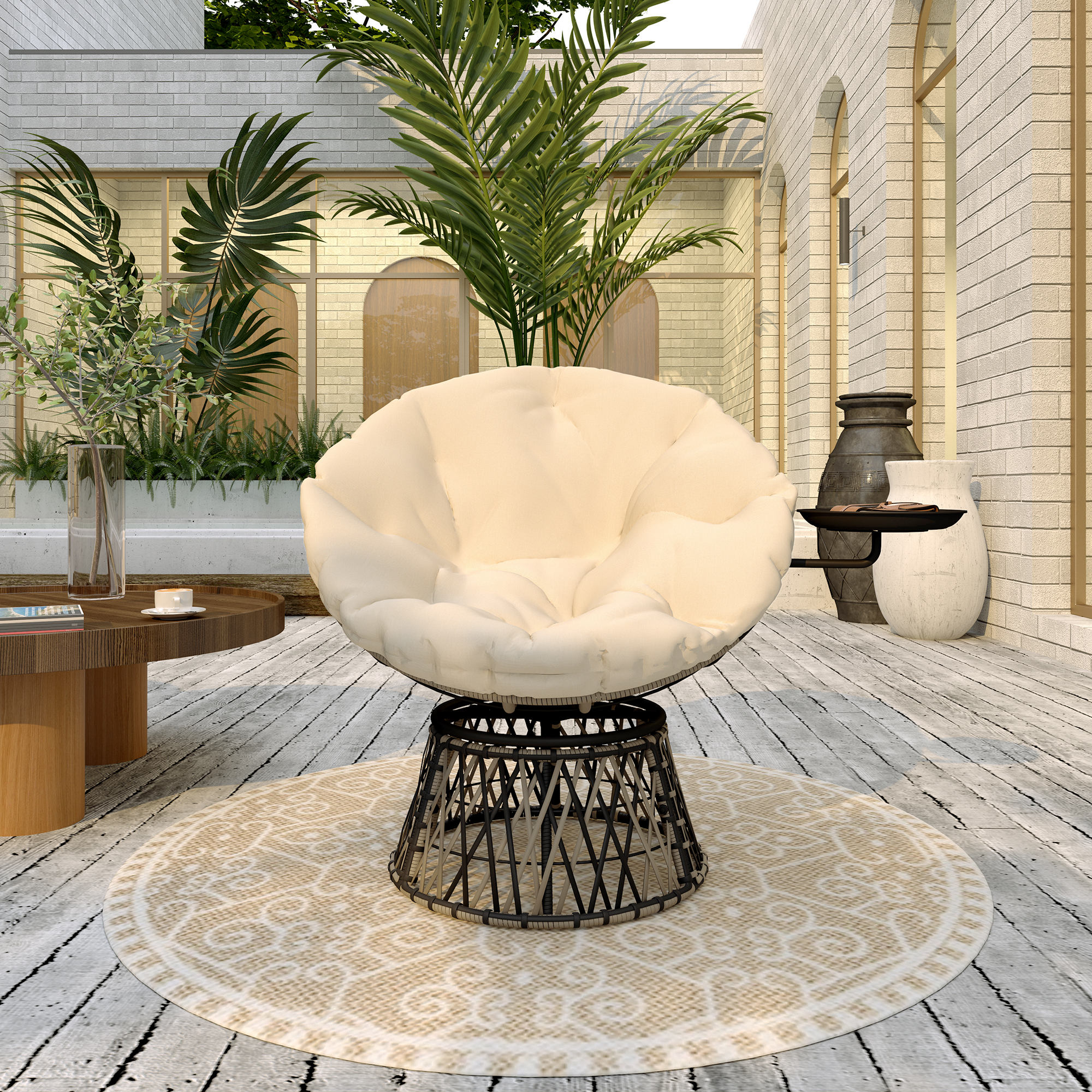 Papasansessel Rattan 360° drehbar Korbsessel mit Kissen Durchmesser 90 cm runder Beige
