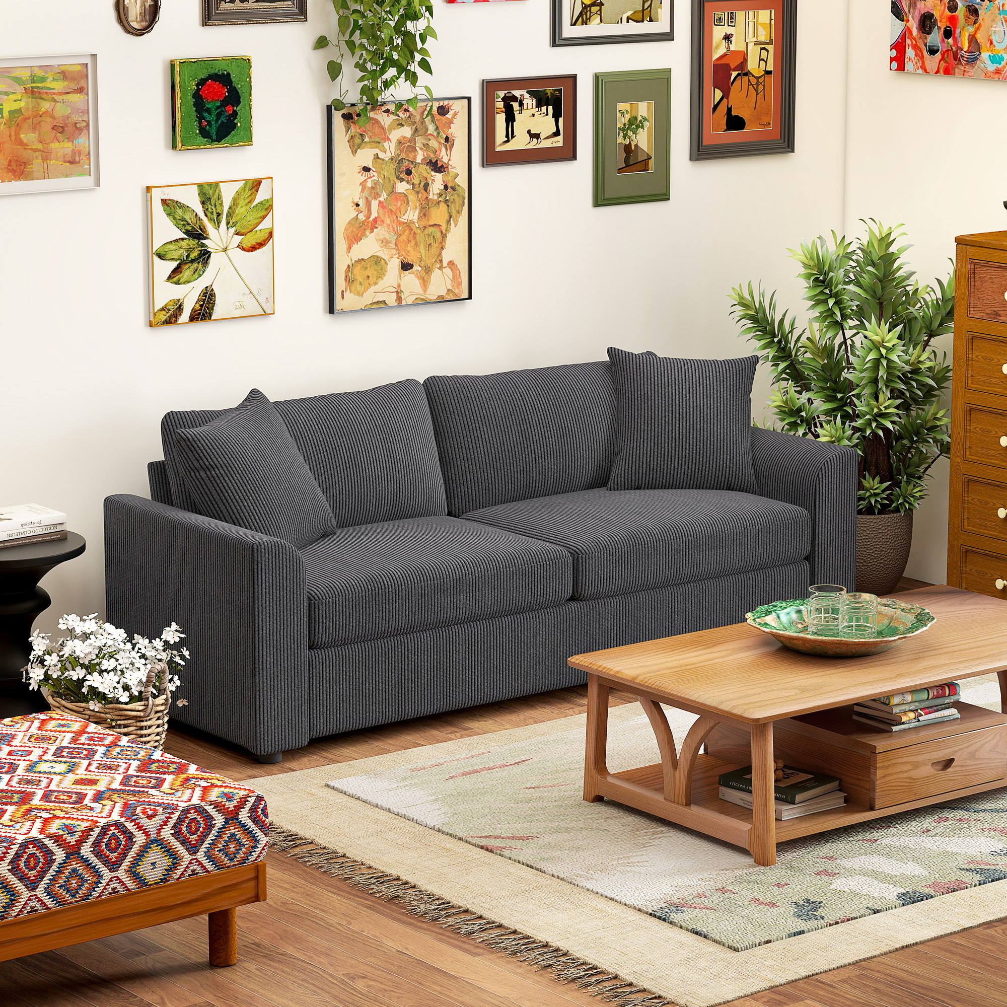 3-Sitzer-Sofa mit Zierkissen, Cordsofa für Wohnzimmer, Schlafzimmer, 212 cm breit, Dunkelgrau