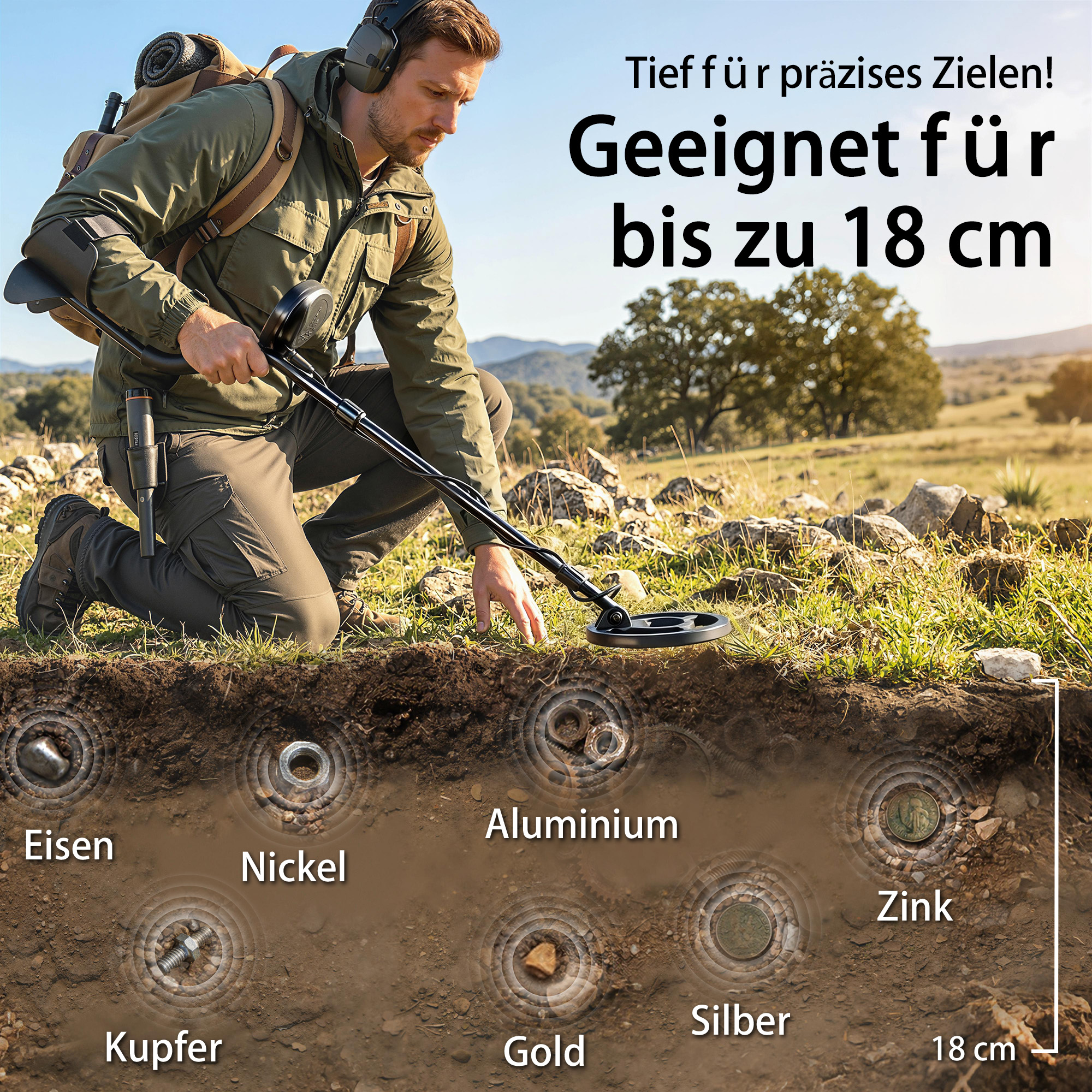 Metalldetektor IP68 Wasserdicht Metallsuchgerät mit 3 Modi Kopfhörer Schaufel Spule LCD-Display 7 Zoll Detektionstiefe