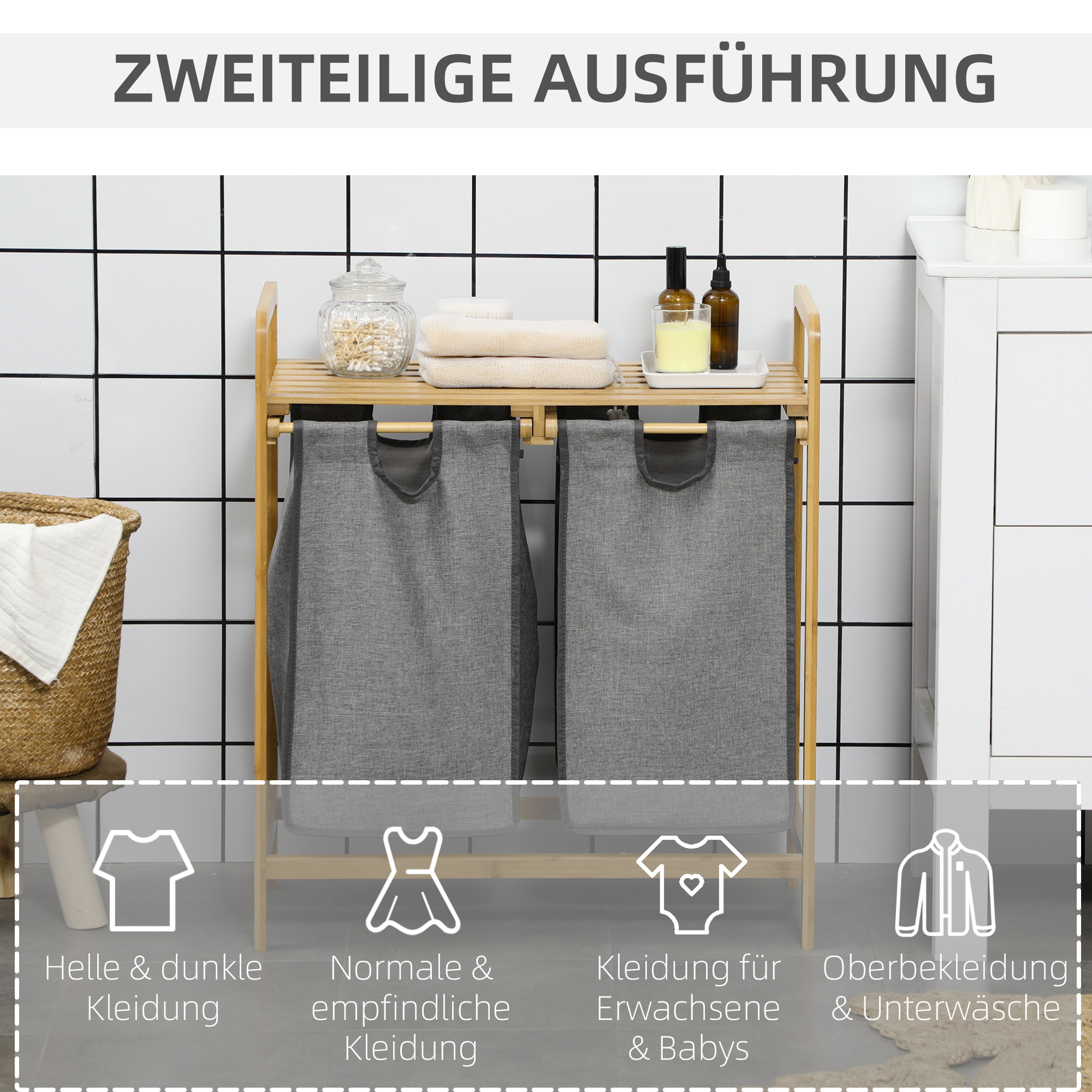 Wäschesammler Wäschekorb, 2 Wäschesäcke, 2 Griffe, Bambus, 63,5 x 33 x 73 cm, Grau + Natur