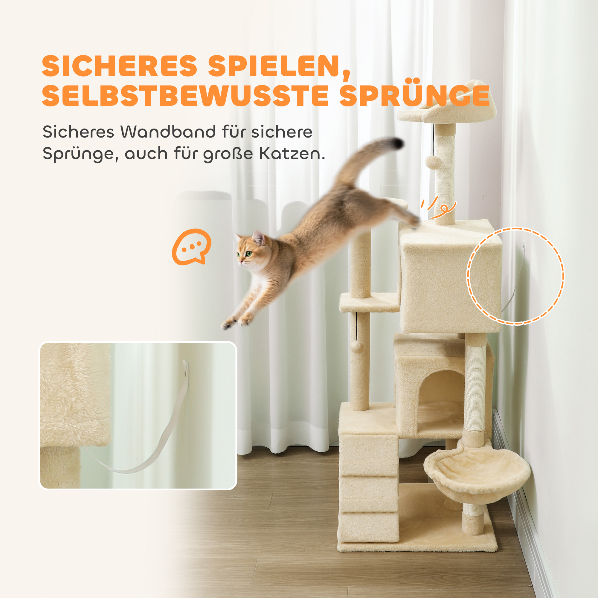 Kratzbaum 140 cm Katzenturm mit Hängematte, Leiter, Höhle, 2 Plüschballen, Sisalstämme, 48 x 48 x 140 cm, Beige