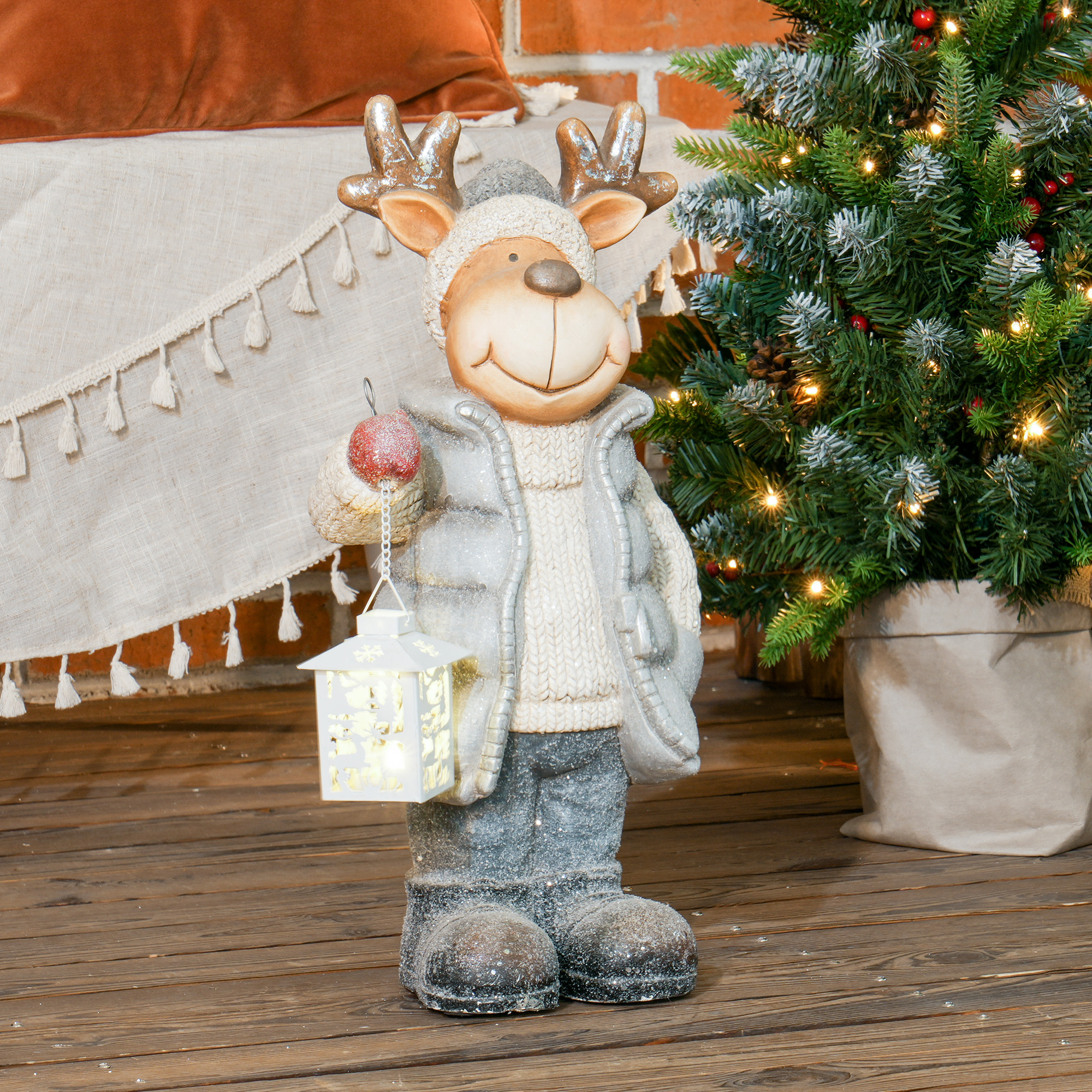 Weihnachtsdeko, Rentier mit Laterne, LED, batteriebetrieben, 25,5 x 19,5 x 52 cm