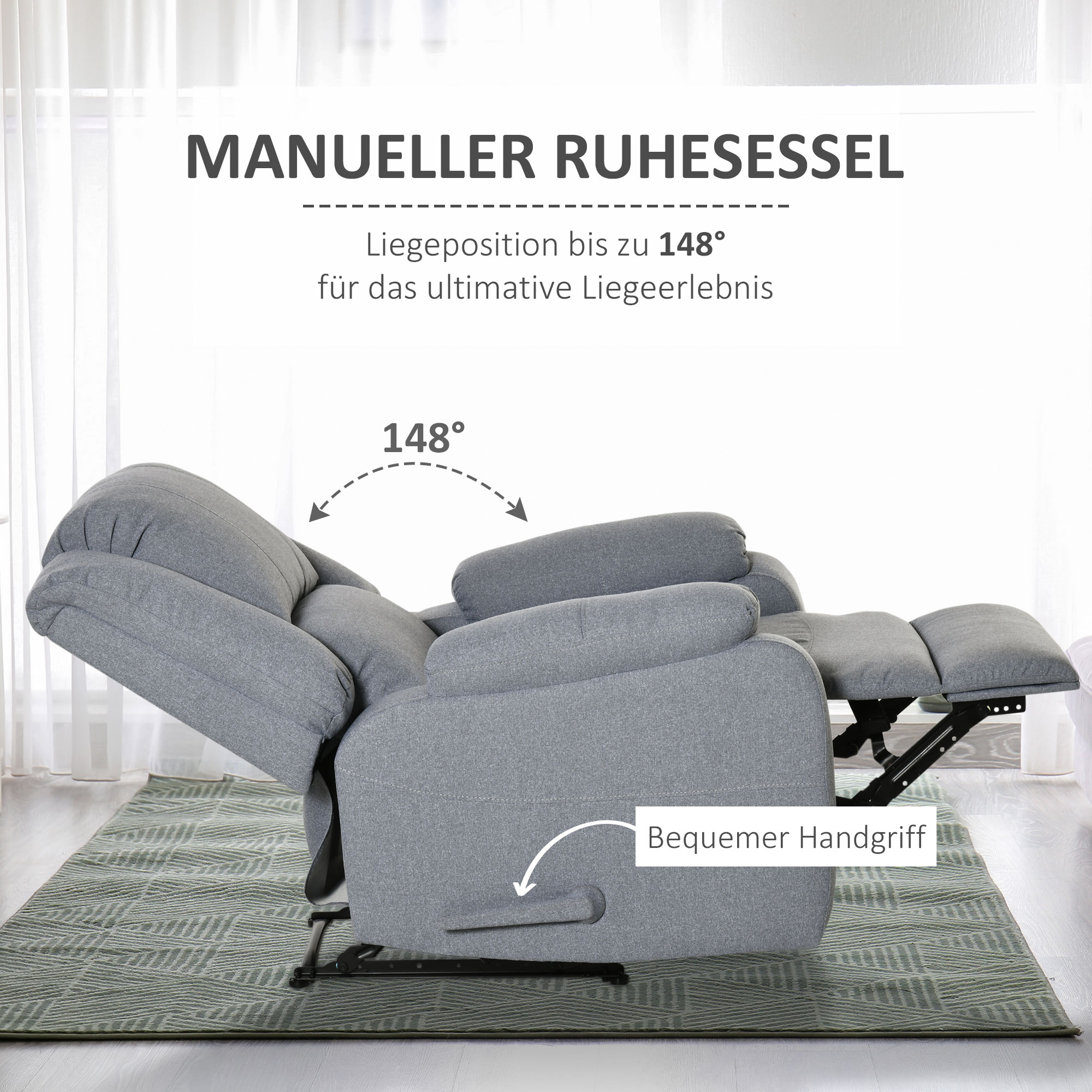 Relaxsessel Fernsehsessel mit Liegefunktion Liegesessel Sessel mit Verstellbarer Rückenlehne, Fußstütze TV-sessel mit Leinenoptik für Wohnzimmer Schlafzimmer, Hellgrau