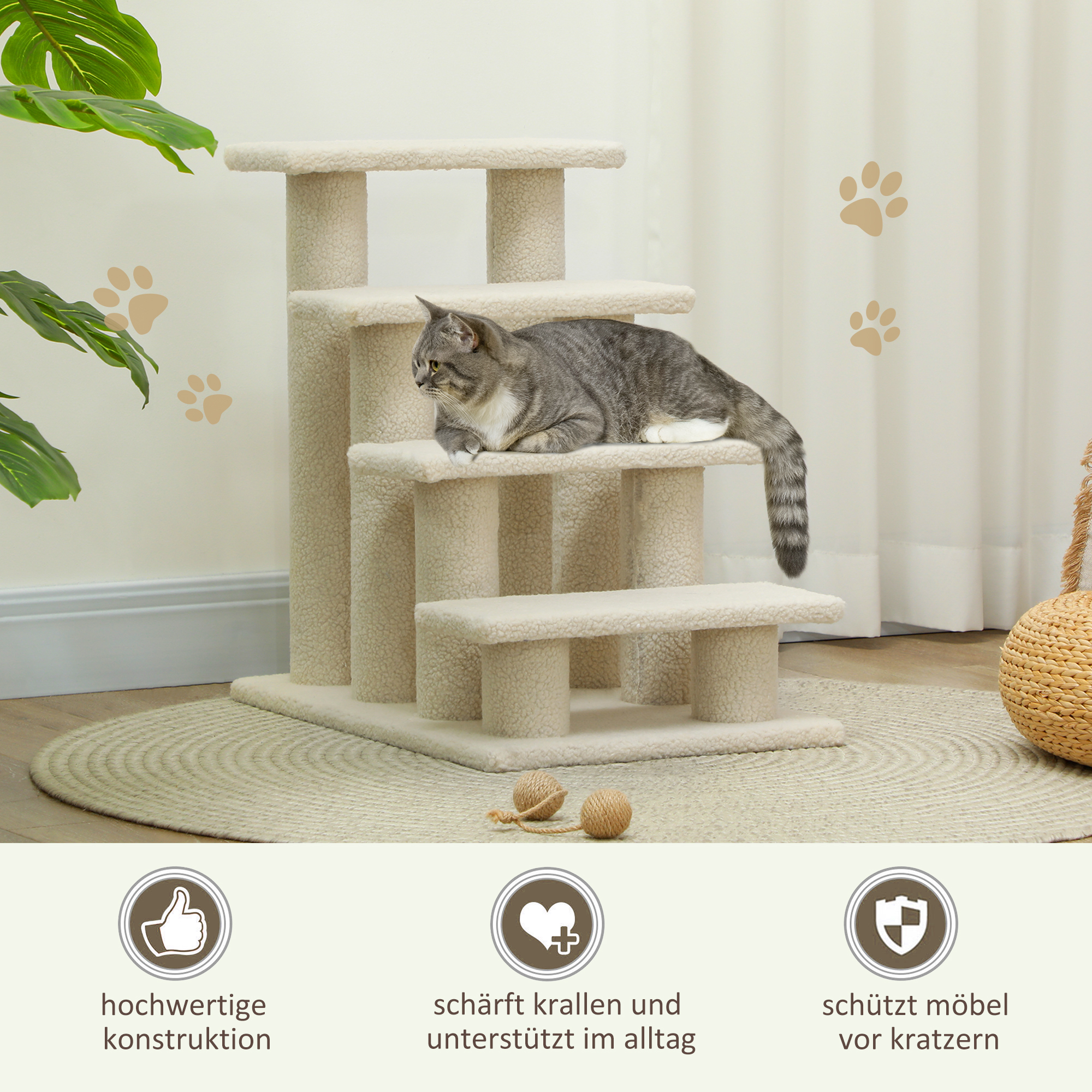 Tiertreppe Katzentreppe Hundetreppe Treppe für Katze und Hunde 4 Stufen Cremeweiß 63,5x43x60cm